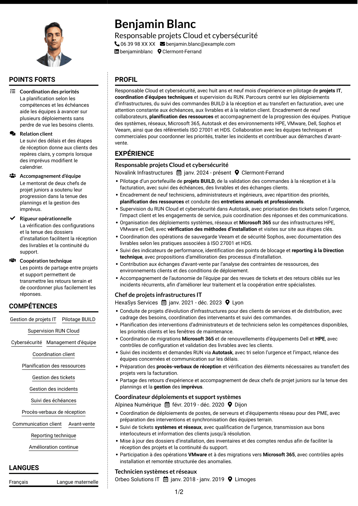 CV Moderne (format à deux colonnes avec photo à gauche et séparateur) : Responsable Cloud et cybersécurité, page 1