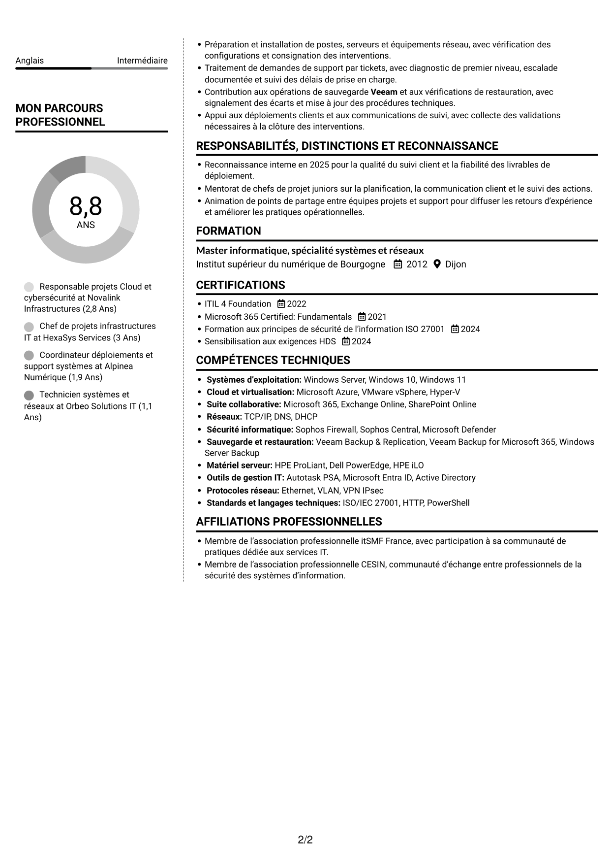 CV Moderne (format à deux colonnes avec photo à gauche et séparateur) : Responsable Cloud et cybersécurité, page 2