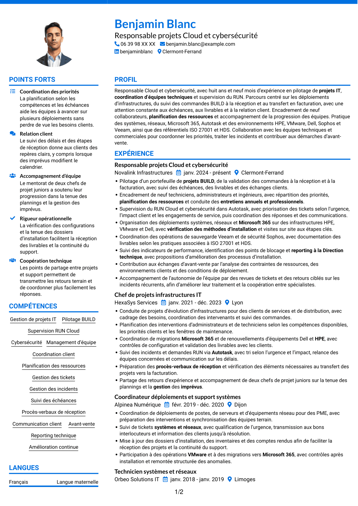 CV Audacieux (format à deux colonnes avec accents colorés et photo) : Responsable Cloud et cybersécurité, page 1