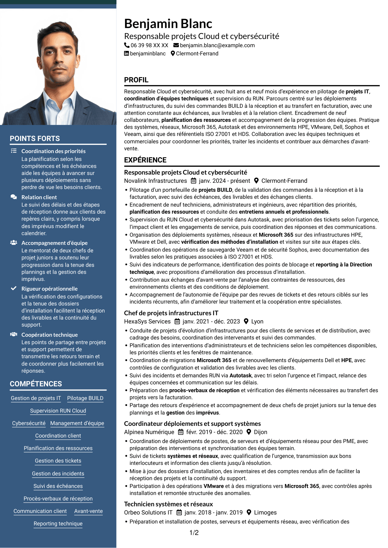 CV Signature (format à colonne latérale colorée avec grande photo) : Responsable Cloud et cybersécurité, page 1