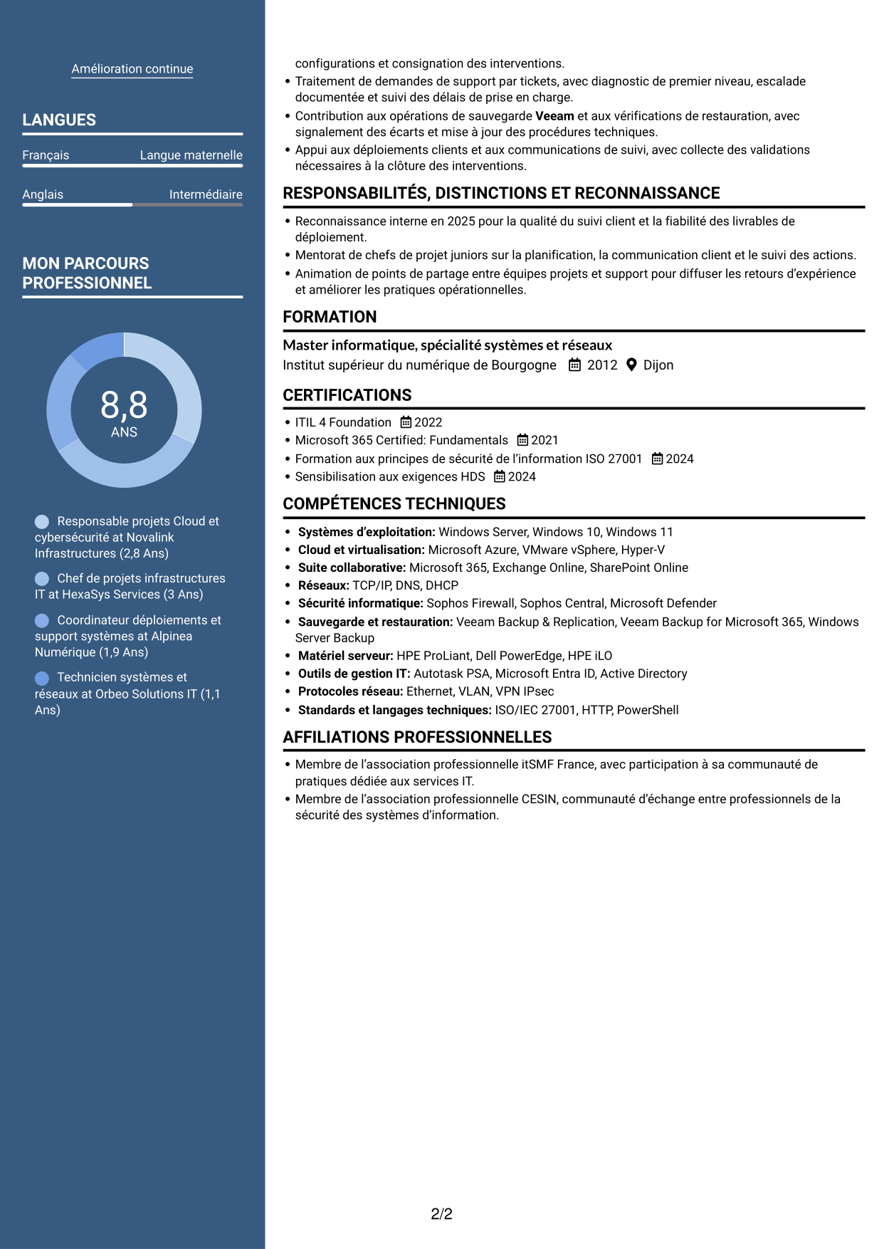 CV Signature (format à colonne latérale colorée avec grande photo) : Responsable Cloud et cybersécurité, page 2