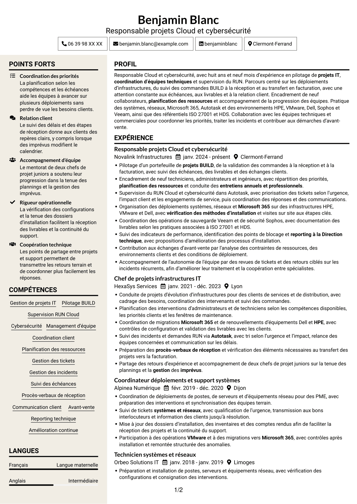 CV Fonceur (format à deux colonnes avec en-tête centré sans photo) : Responsable Cloud et cybersécurité, page 1
