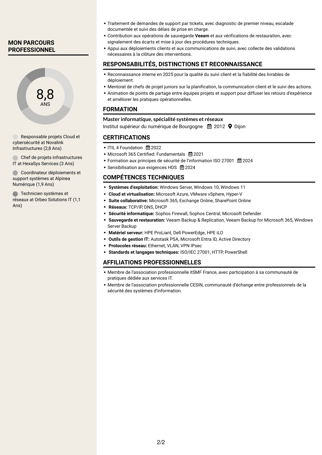 CV Fonceur (format à deux colonnes avec en-tête centré sans photo) : Responsable Cloud et cybersécurité, page 2