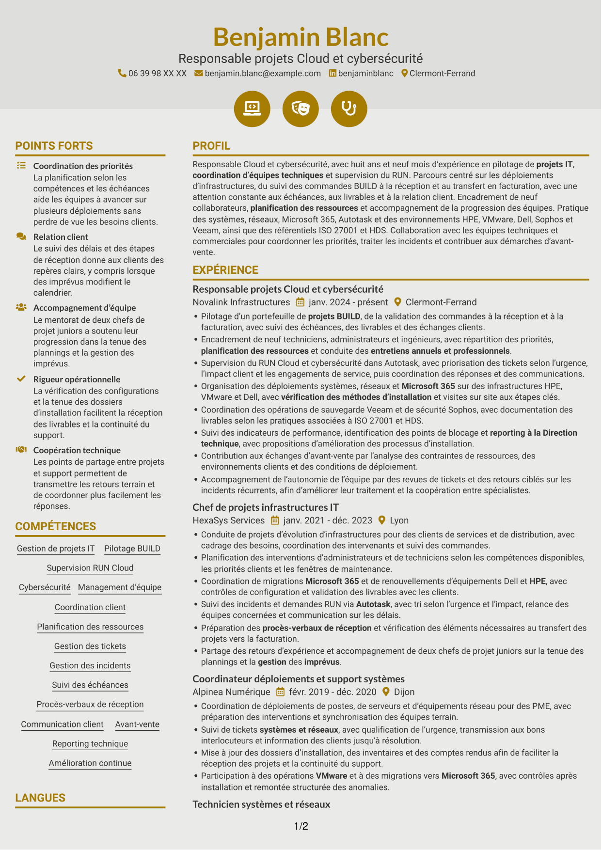 CV Dynamique (format à deux colonnes avec icônes) : Responsable Cloud et cybersécurité, page 1