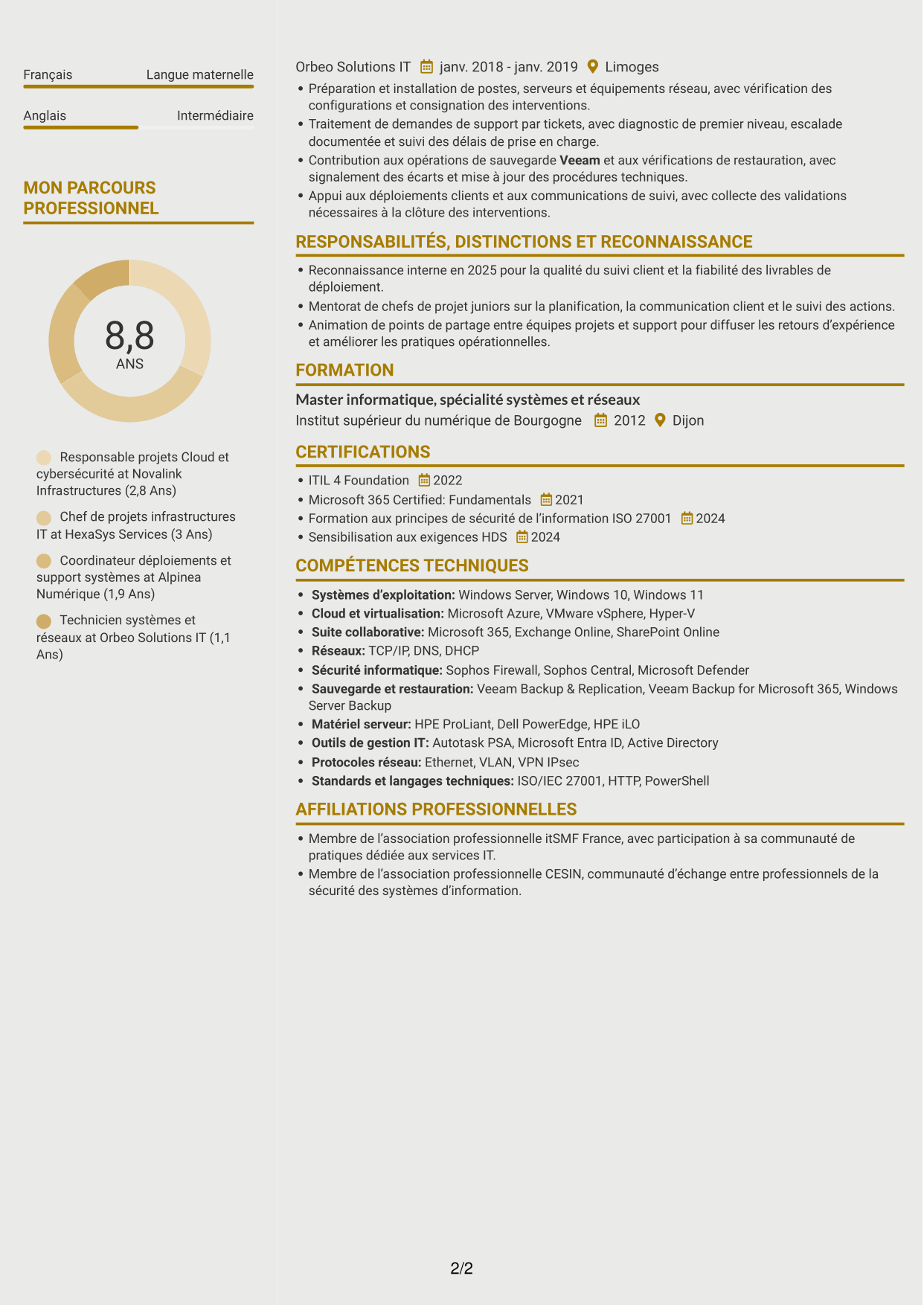 CV Dynamique (format à deux colonnes avec icônes) : Responsable Cloud et cybersécurité, page 2