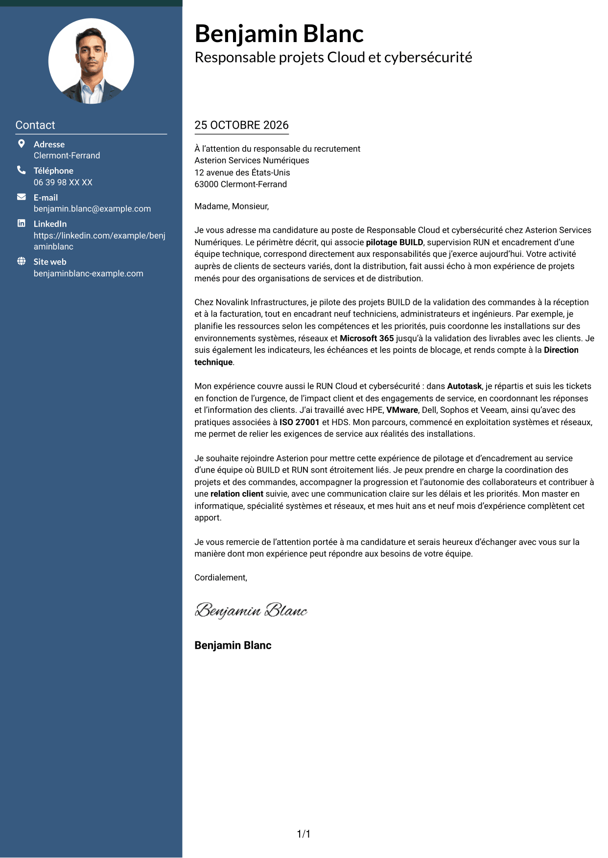Lettre de motivation Élégant (format à colonne latérale colorée avec photo) : Responsable Cloud et cybersécurité, page 1