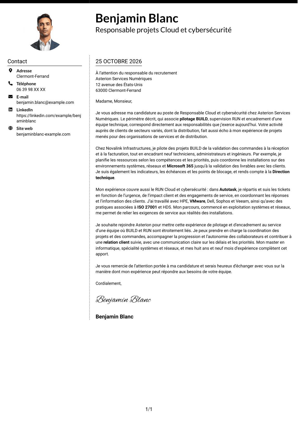 Lettre de motivation Moderne (format à deux colonnes avec photo à gauche et séparateur) : Responsable Cloud et cybersécurité, page 1
