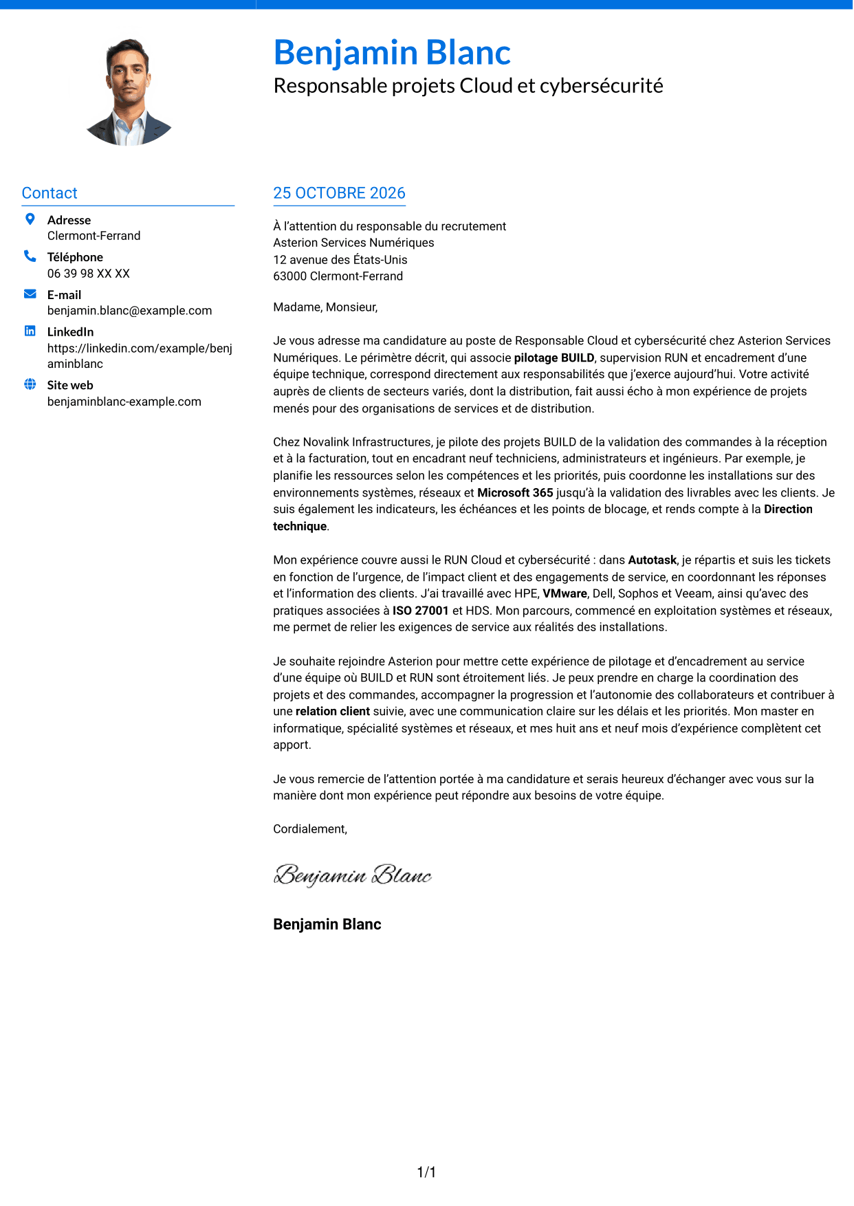 Lettre de motivation Audacieux (format à deux colonnes avec accents colorés et photo) : Responsable Cloud et cybersécurité, page 1