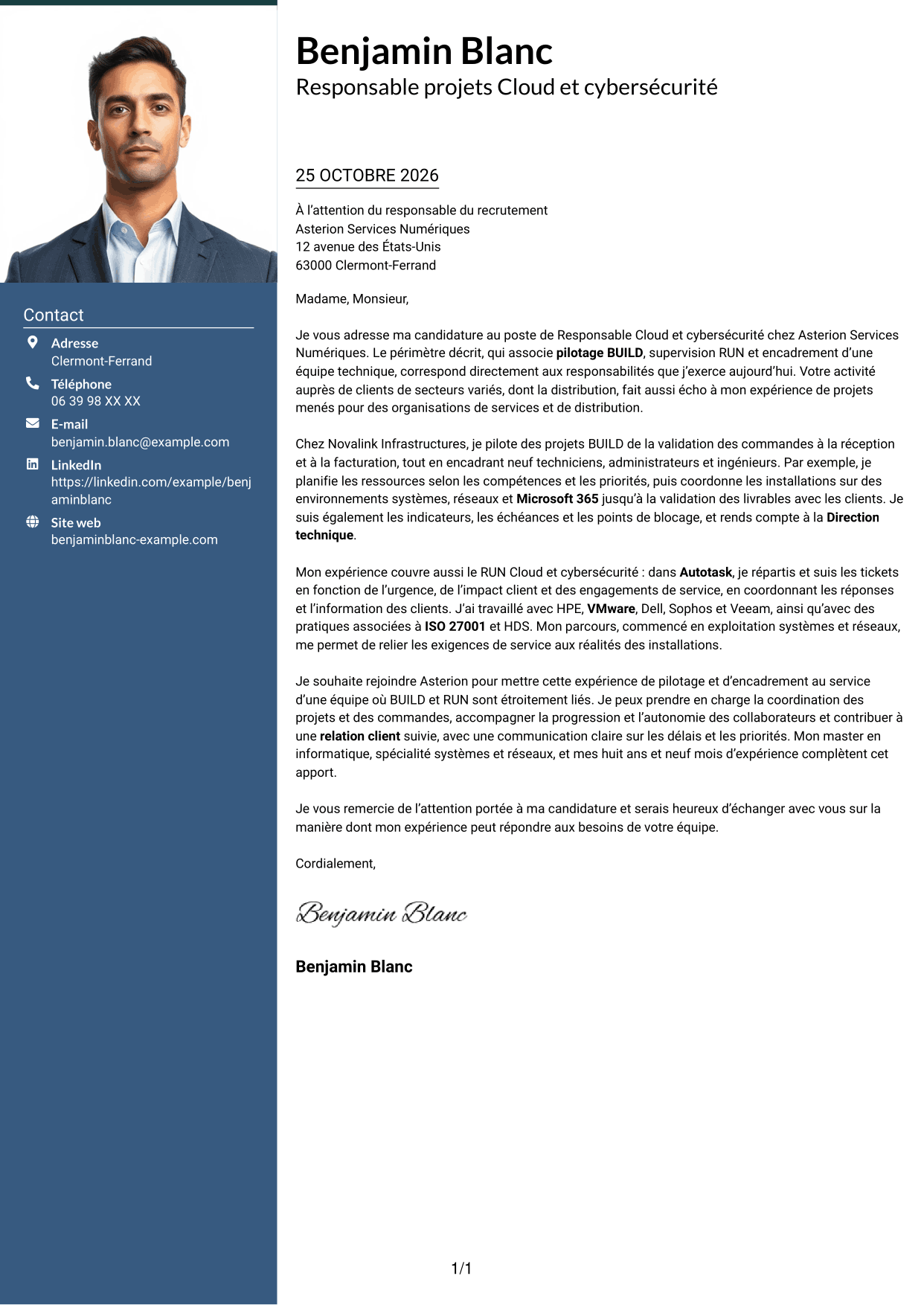 Lettre de motivation Signature (format à colonne latérale colorée avec grande photo) : Responsable Cloud et cybersécurité, page 1