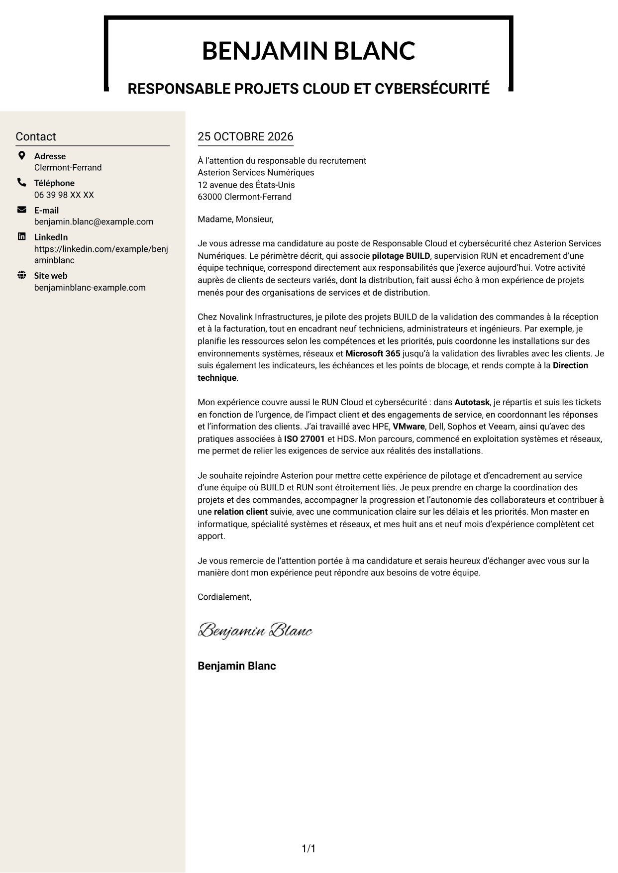 Lettre de motivation Fonceur (format à deux colonnes avec en-tête centré sans photo) : Responsable Cloud et cybersécurité, page 1