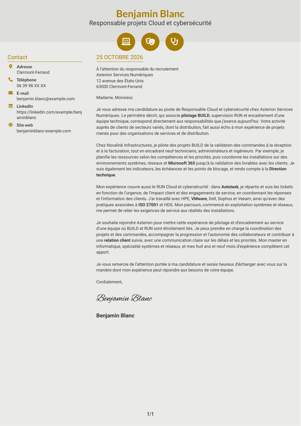 Lettre de motivation Dynamique (format à deux colonnes avec icônes) : Responsable Cloud et cybersécurité, page 1
