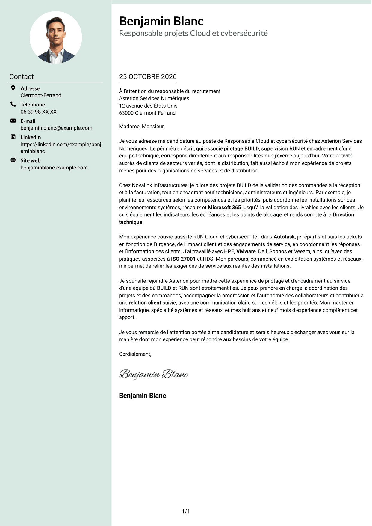 Lettre de motivation Cadre (format à colonne latérale douce avec photo arrondie) : Responsable Cloud et cybersécurité, page 1
