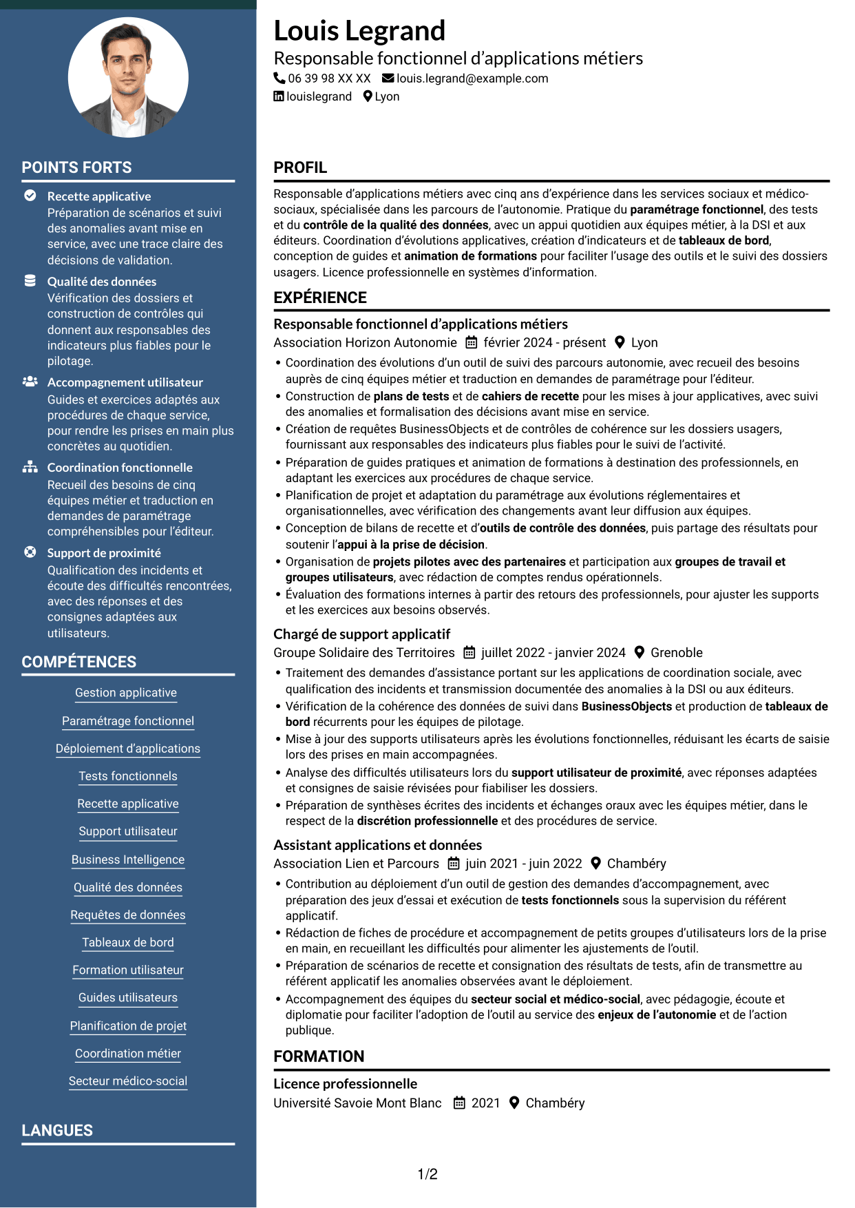 CV Élégant (format à colonne latérale colorée avec photo) : Responsable d’application utilisateur - Applications de l’autonomie, page 1