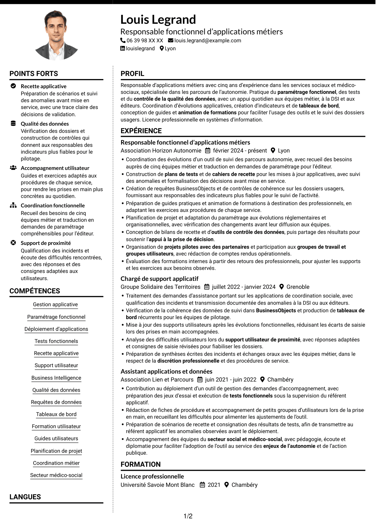 CV Moderne (format à deux colonnes avec photo à gauche et séparateur) : Responsable d’application utilisateur - Applications de l’autonomie, page 1
