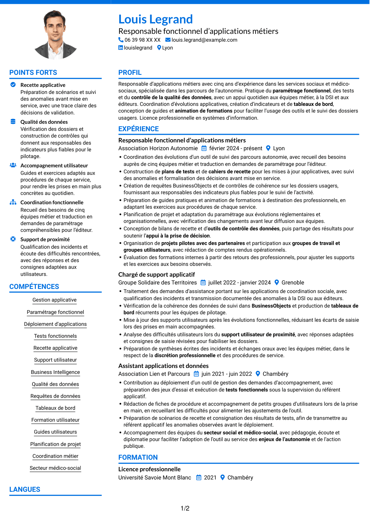 CV Audacieux (format à deux colonnes avec accents colorés et photo) : Responsable d’application utilisateur - Applications de l’autonomie, page 1