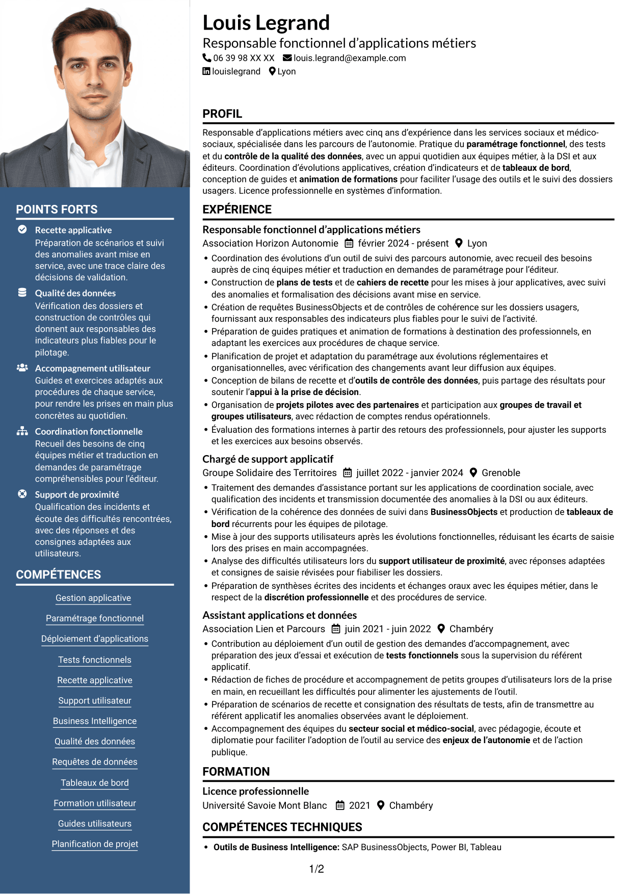 CV Signature (format à colonne latérale colorée avec grande photo) : Responsable d’application utilisateur - Applications de l’autonomie, page 1