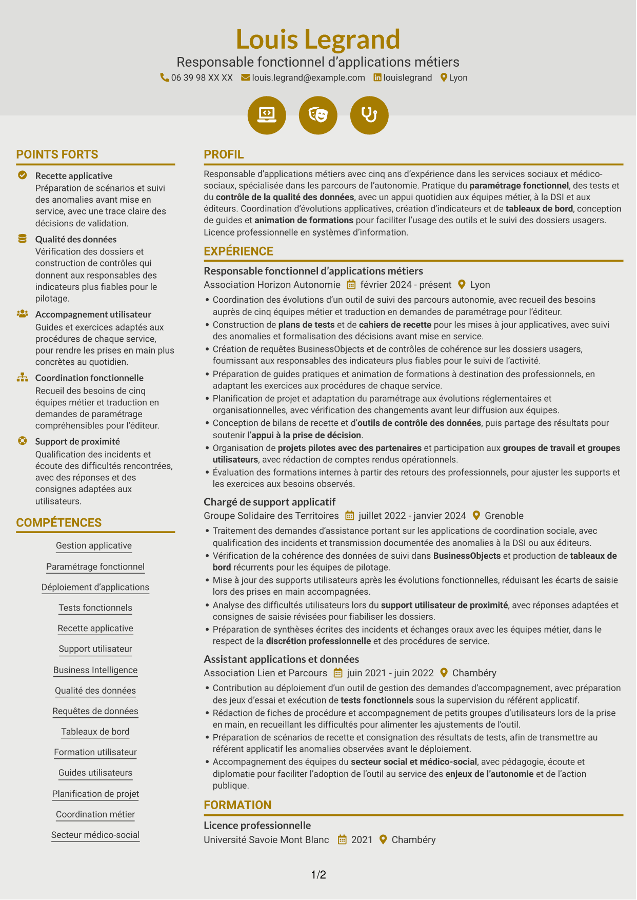 CV Dynamique (format à deux colonnes avec icônes) : Responsable d’application utilisateur - Applications de l’autonomie, page 1