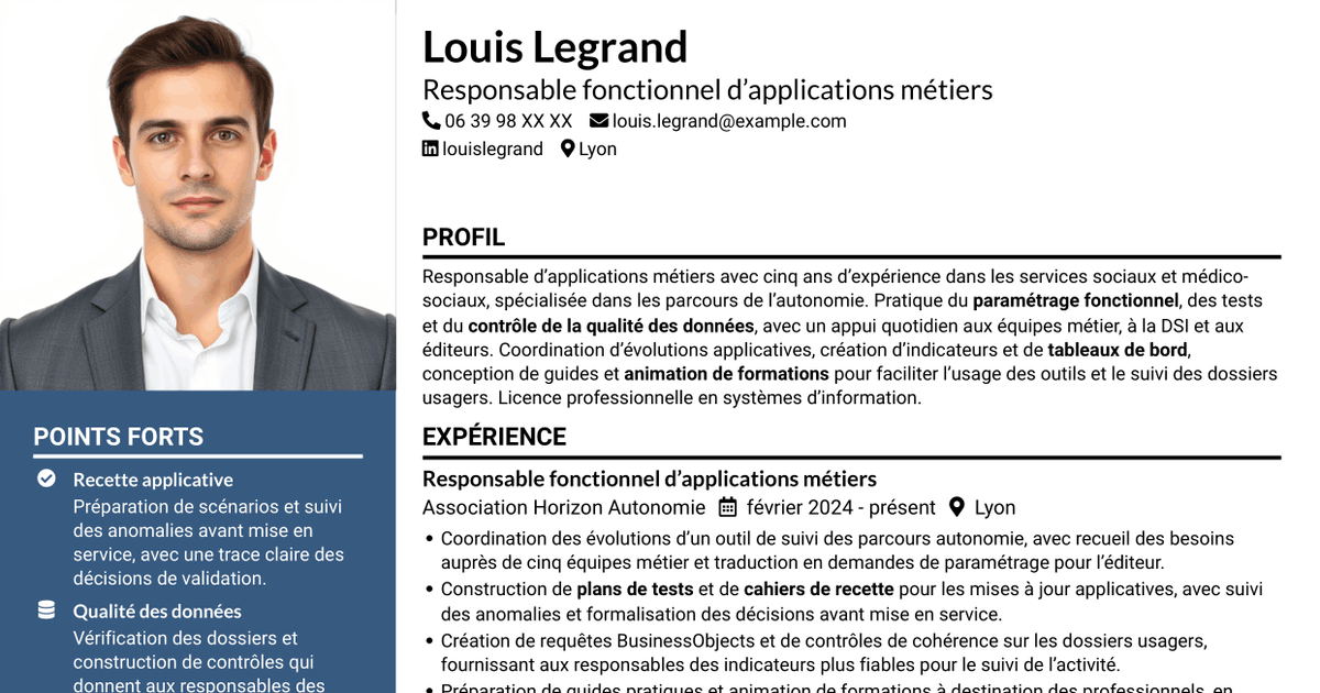 7 modèles de CV pour Responsable d’application utilisateur - Applications de l’autonomie, avec exemples