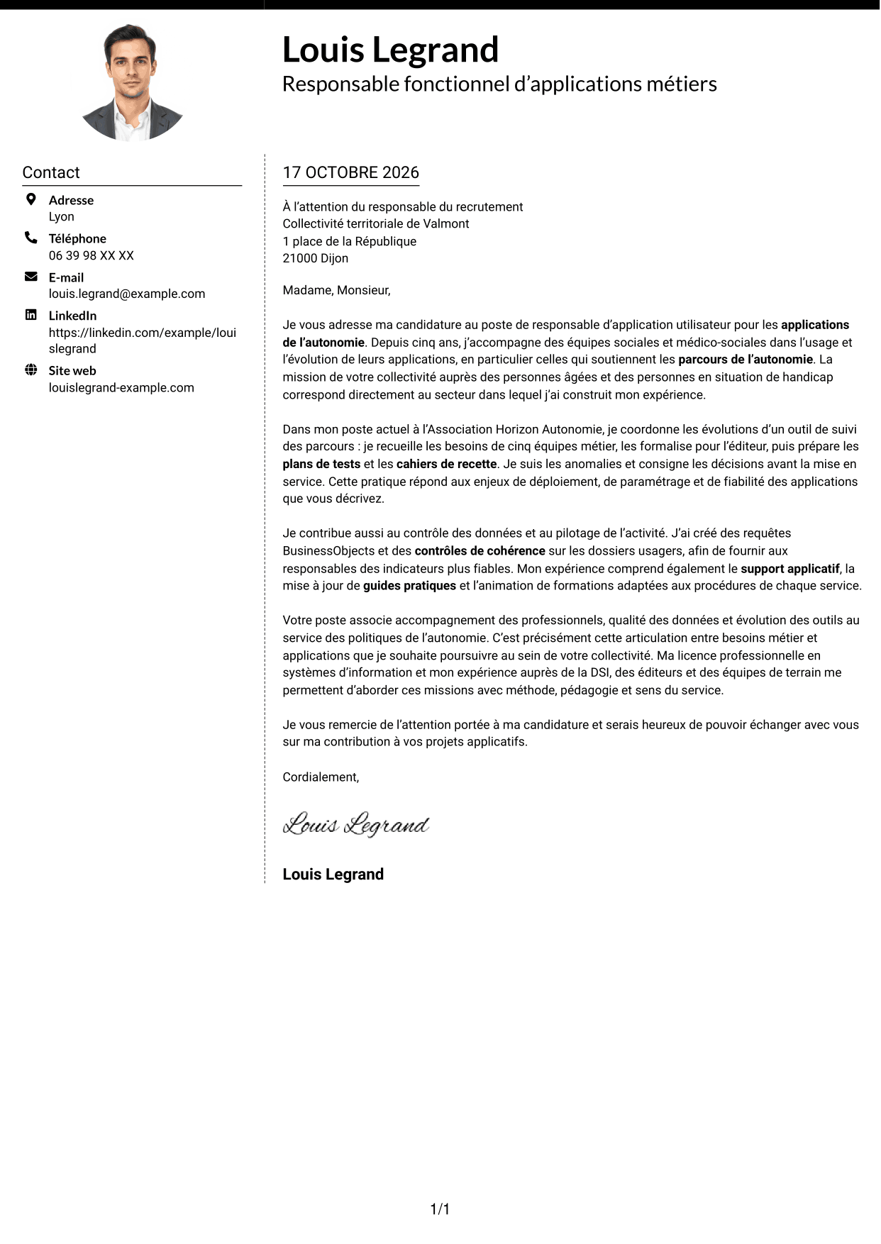 Lettre de motivation Moderne (format à deux colonnes avec photo à gauche et séparateur) : Responsable d’application utilisateur - Applications de l’autonomie, page 1