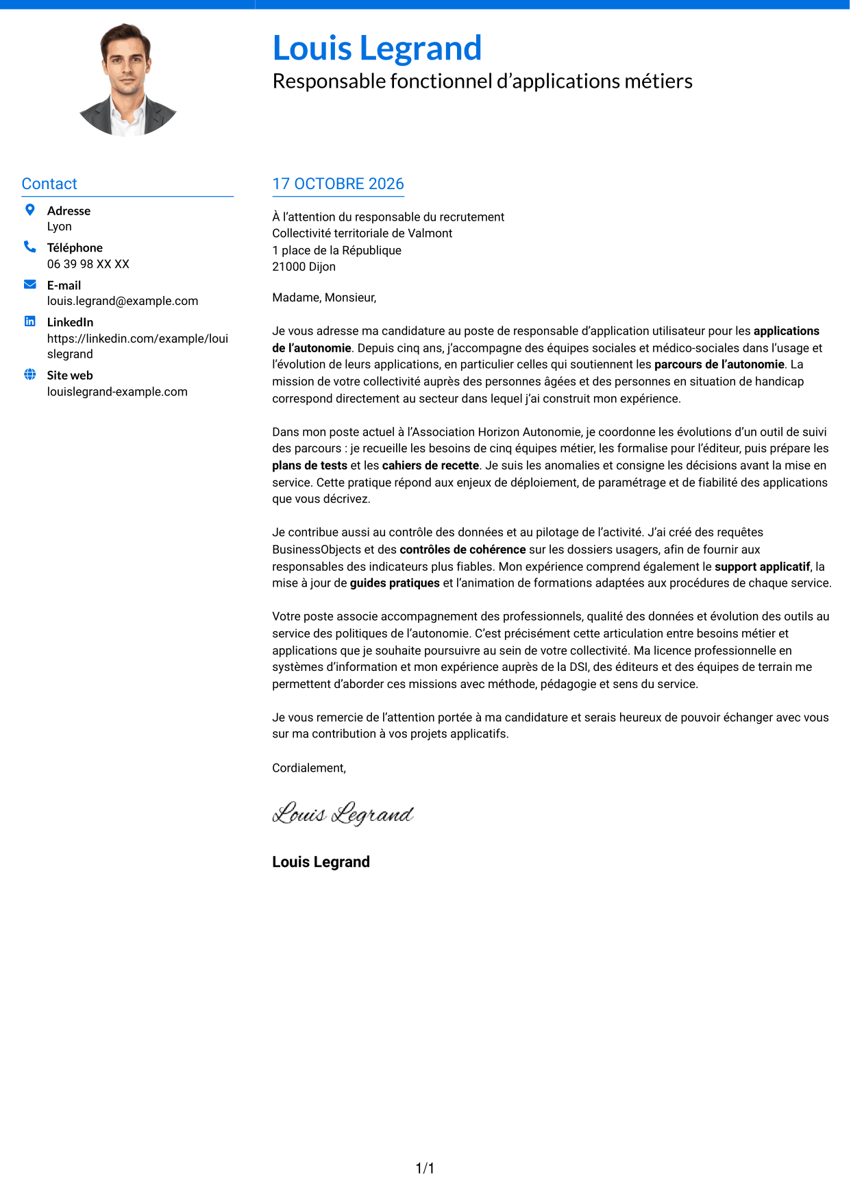 Lettre de motivation Audacieux (format à deux colonnes avec accents colorés et photo) : Responsable d’application utilisateur - Applications de l’autonomie, page 1
