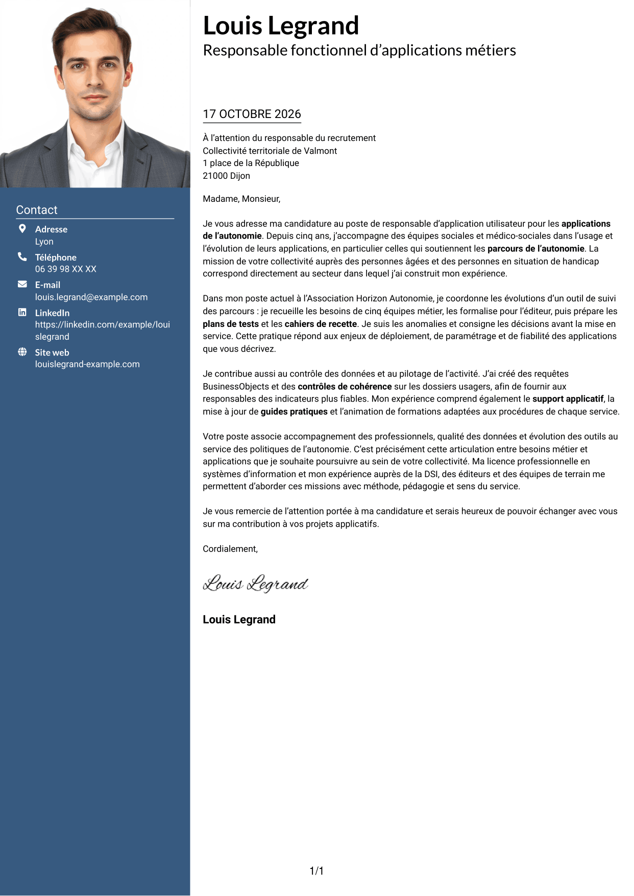 Lettre de motivation Signature (format à colonne latérale colorée avec grande photo) : Responsable d’application utilisateur - Applications de l’autonomie, page 1