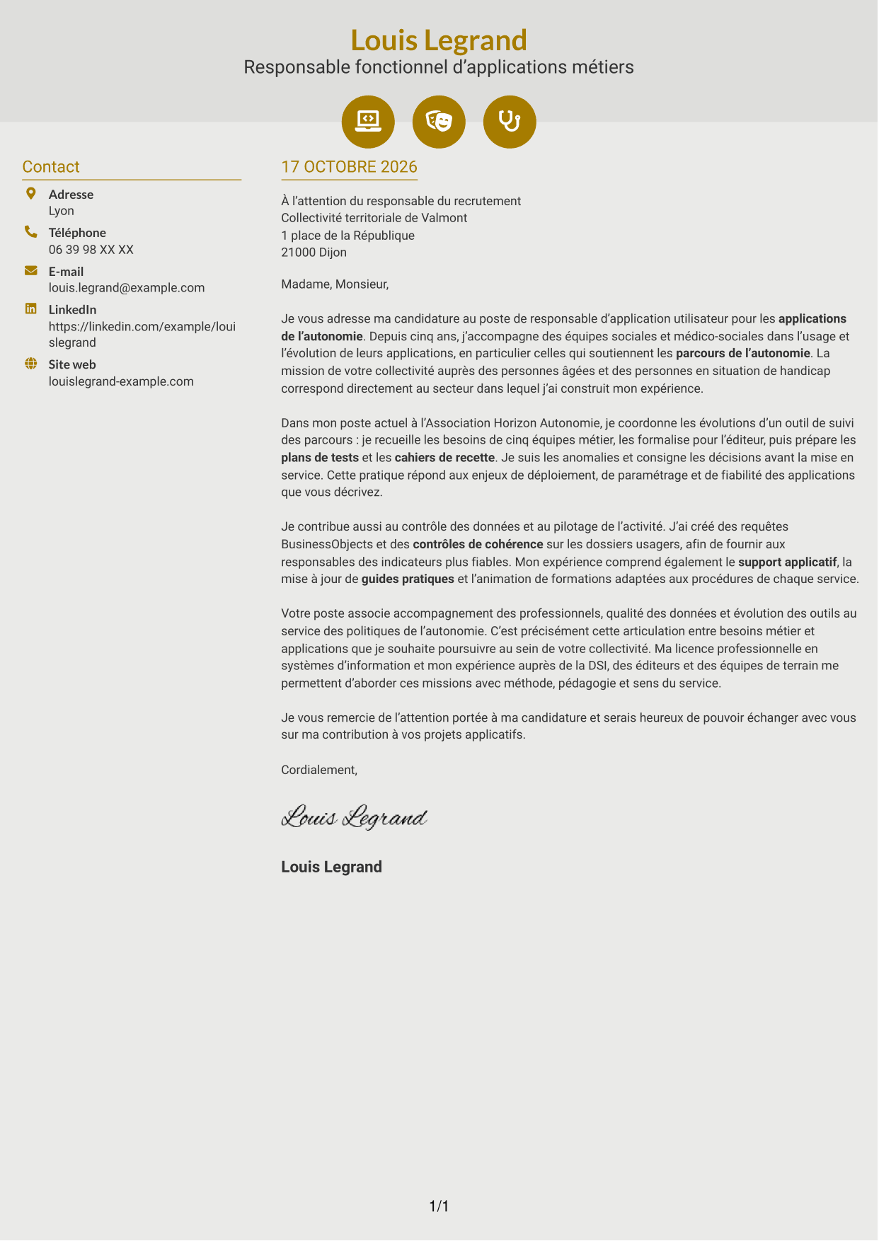 Lettre de motivation Dynamique (format à deux colonnes avec icônes) : Responsable d’application utilisateur - Applications de l’autonomie, page 1
