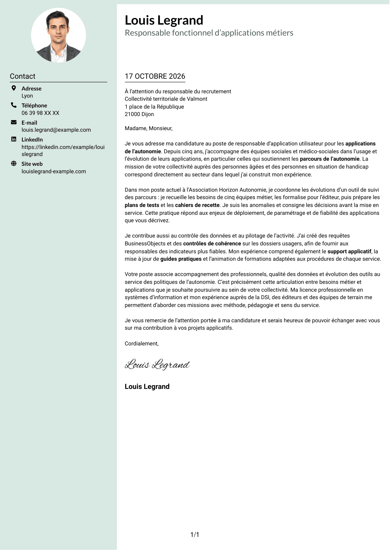 Lettre de motivation Cadre (format à colonne latérale douce avec photo arrondie) : Responsable d’application utilisateur - Applications de l’autonomie, page 1