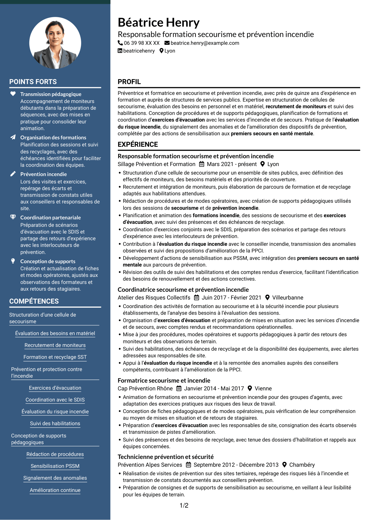 CV Élégant (format à colonne latérale colorée avec photo) : Responsable de la cellule secourisme et des exercices incendie, page 1
