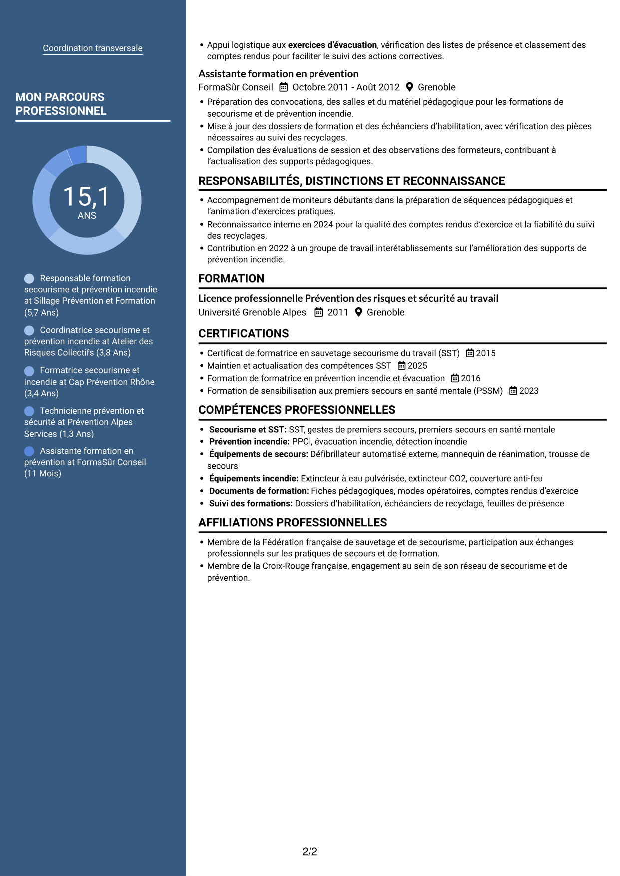 CV Élégant (format à colonne latérale colorée avec photo) : Responsable de la cellule secourisme et des exercices incendie, page 2