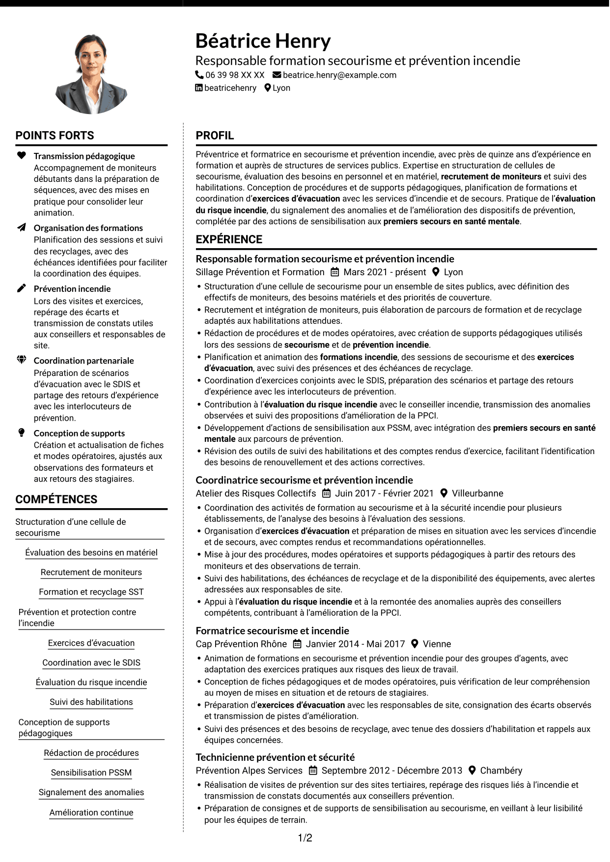 CV Moderne (format à deux colonnes avec photo à gauche et séparateur) : Responsable de la cellule secourisme et des exercices incendie, page 1