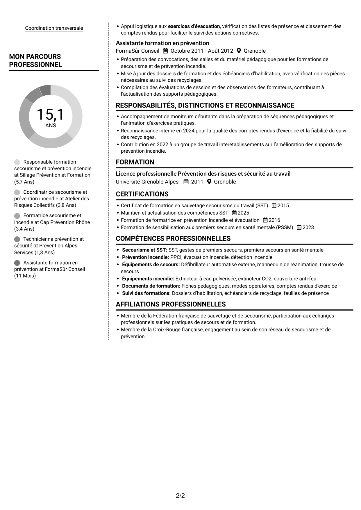 CV Moderne (format à deux colonnes avec photo à gauche et séparateur) : Responsable de la cellule secourisme et des exercices incendie, page 2