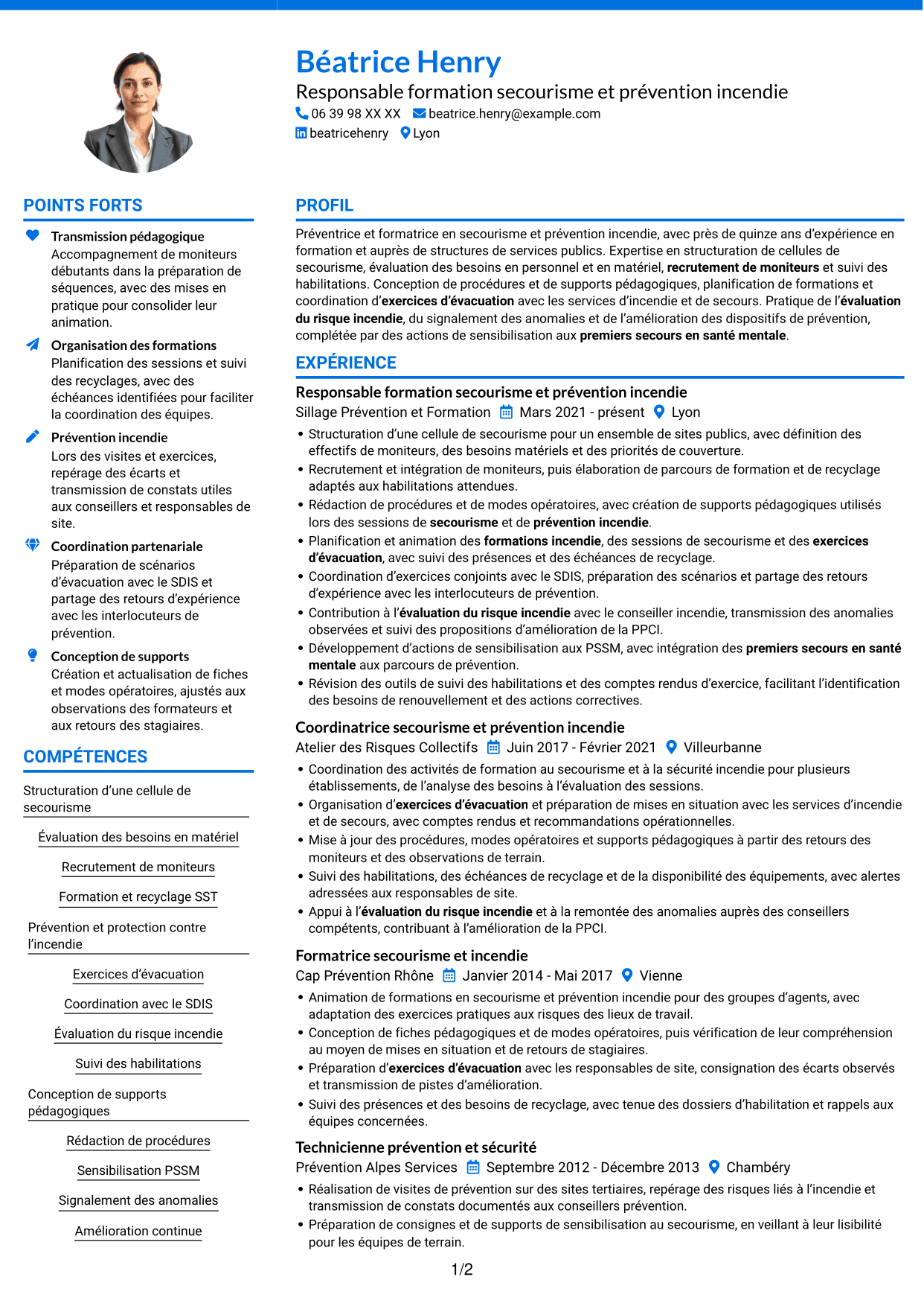 CV Audacieux (format à deux colonnes avec accents colorés et photo) : Responsable de la cellule secourisme et des exercices incendie, page 1