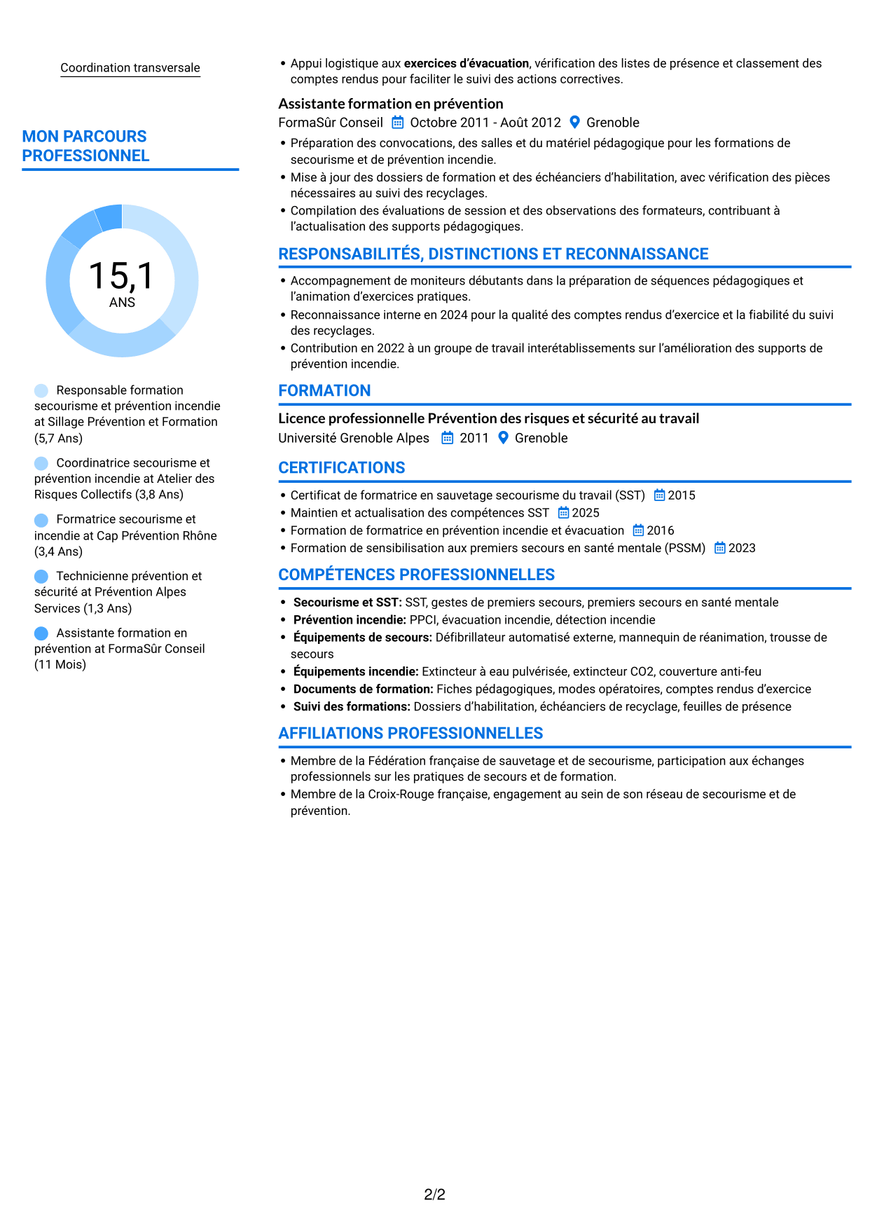 CV Audacieux (format à deux colonnes avec accents colorés et photo) : Responsable de la cellule secourisme et des exercices incendie, page 2