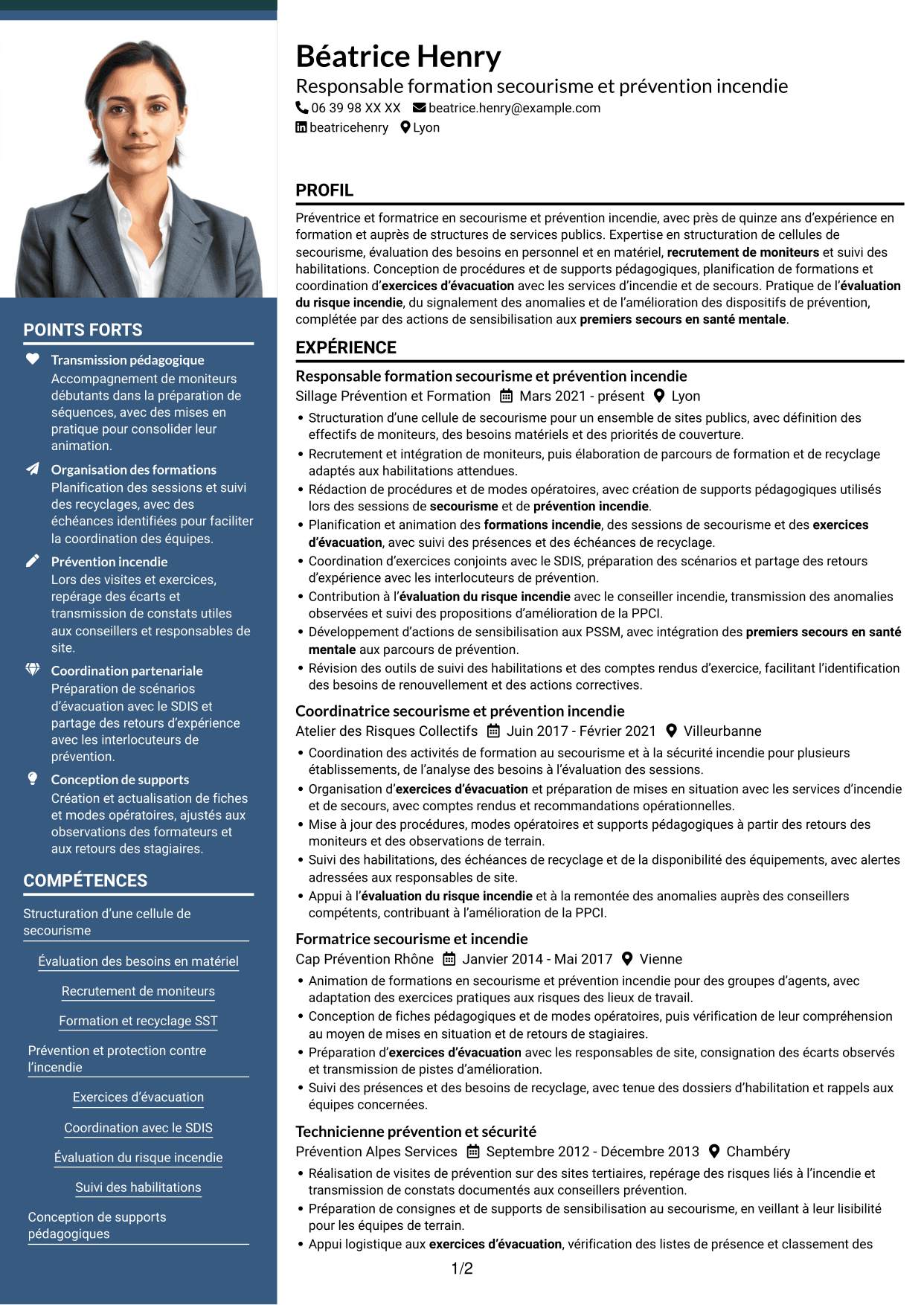 CV Signature (format à colonne latérale colorée avec grande photo) : Responsable de la cellule secourisme et des exercices incendie, page 1