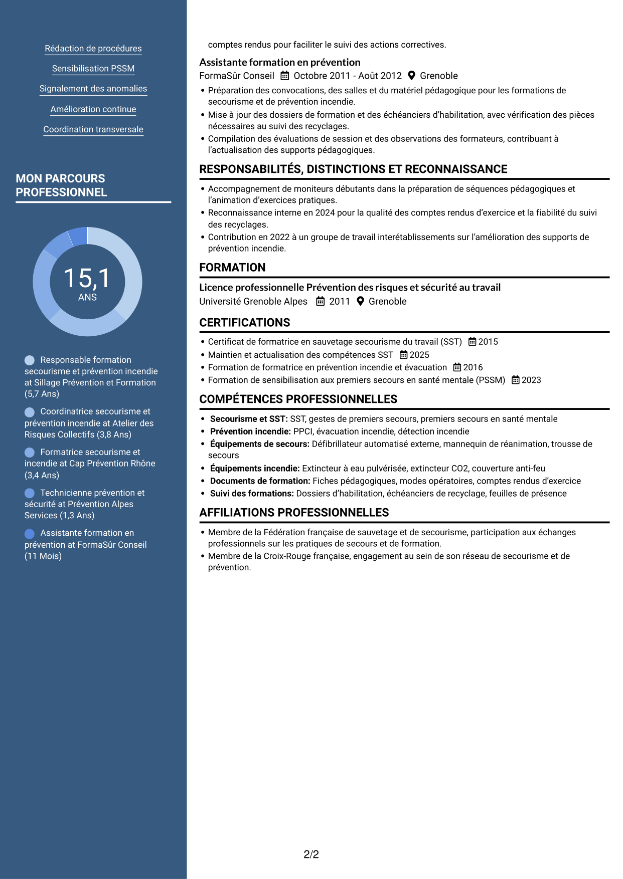 CV Signature (format à colonne latérale colorée avec grande photo) : Responsable de la cellule secourisme et des exercices incendie, page 2