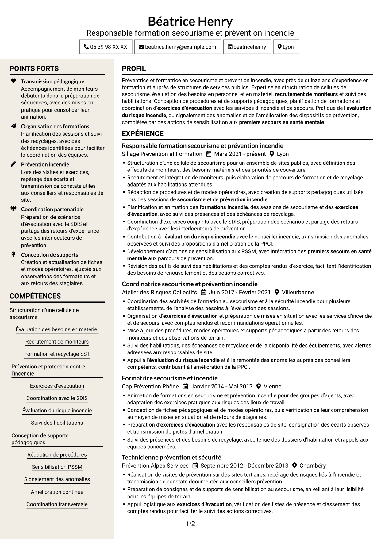 CV Fonceur (format à deux colonnes avec en-tête centré sans photo) : Responsable de la cellule secourisme et des exercices incendie, page 1