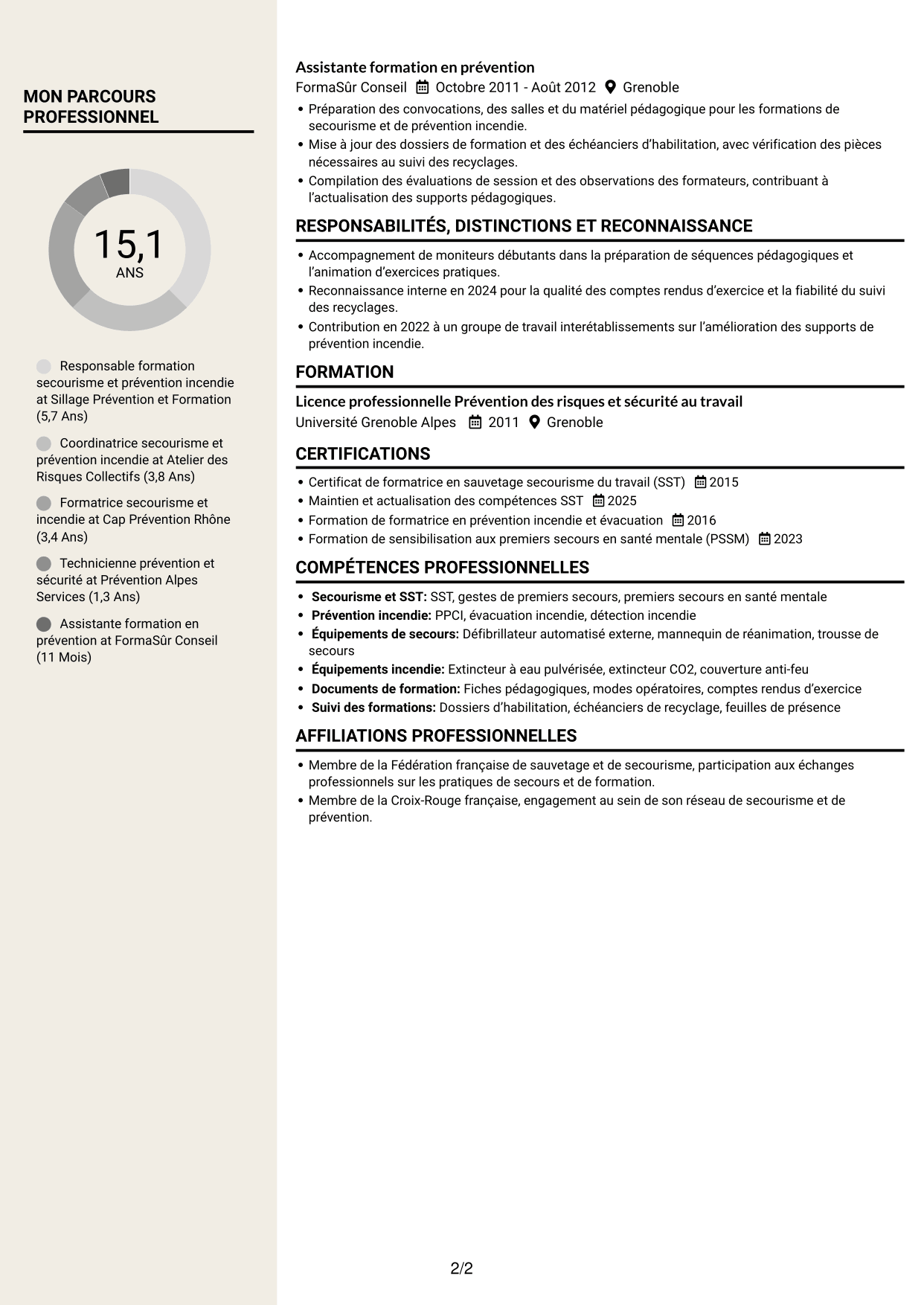 CV Fonceur (format à deux colonnes avec en-tête centré sans photo) : Responsable de la cellule secourisme et des exercices incendie, page 2