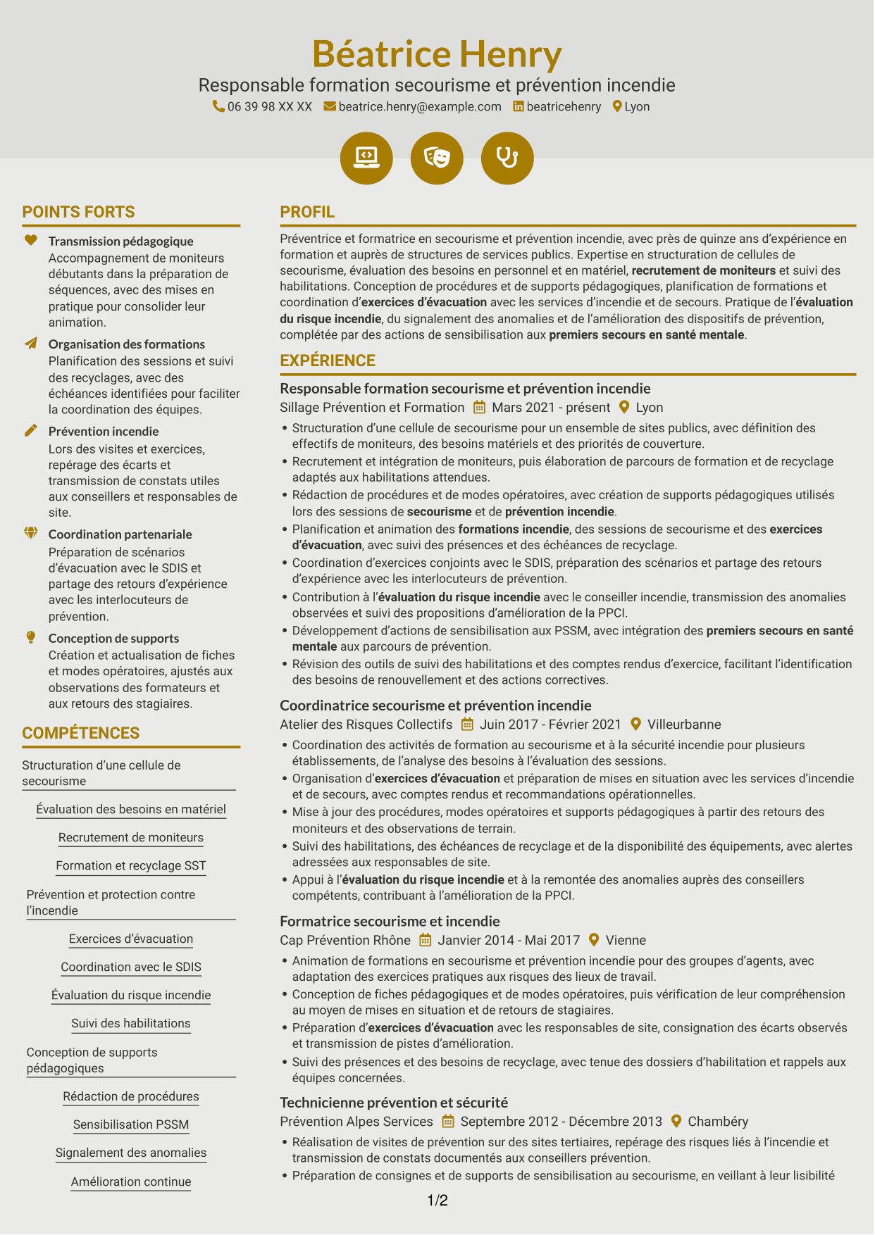 CV Dynamique (format à deux colonnes avec icônes) : Responsable de la cellule secourisme et des exercices incendie, page 1