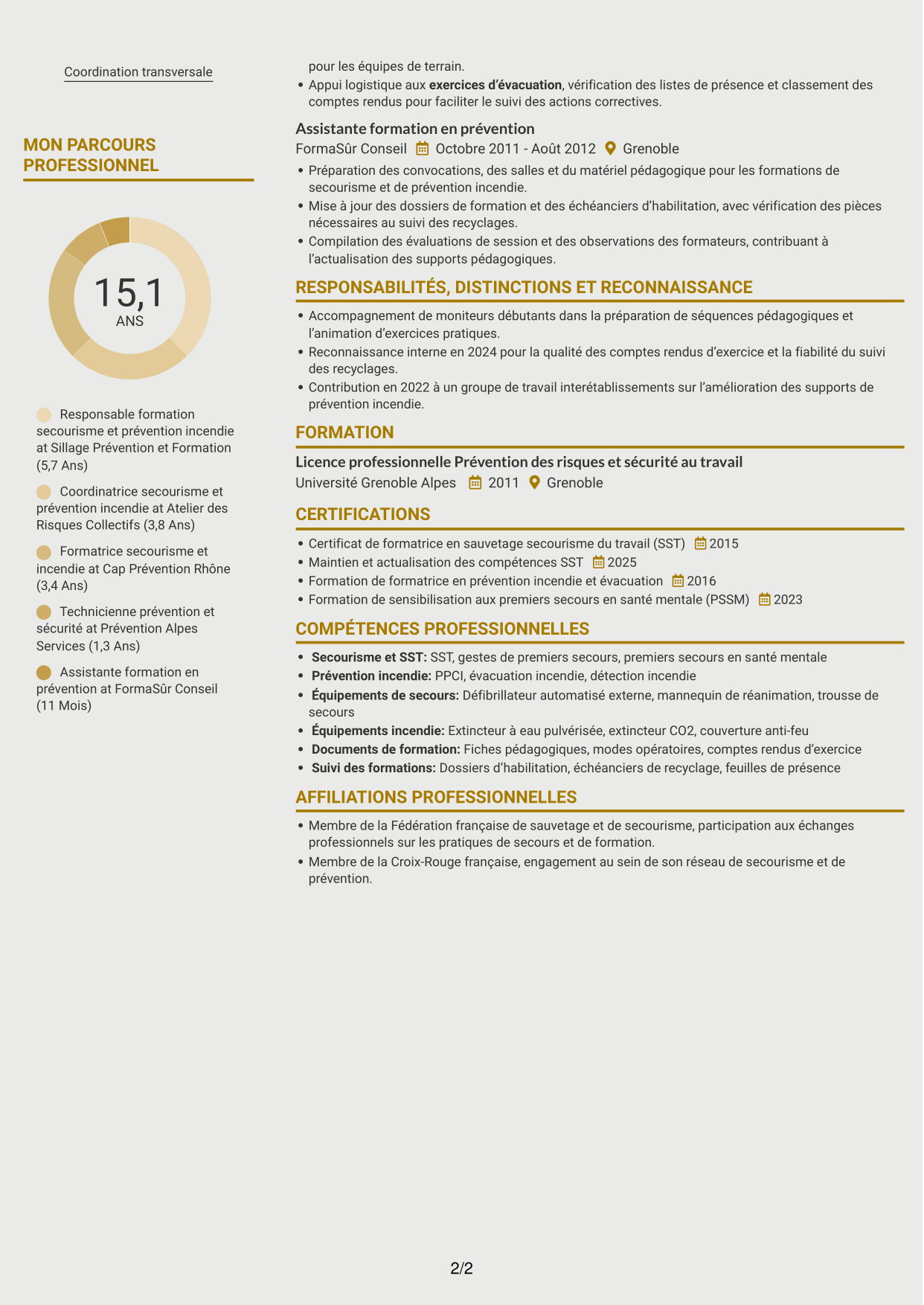 CV Dynamique (format à deux colonnes avec icônes) : Responsable de la cellule secourisme et des exercices incendie, page 2