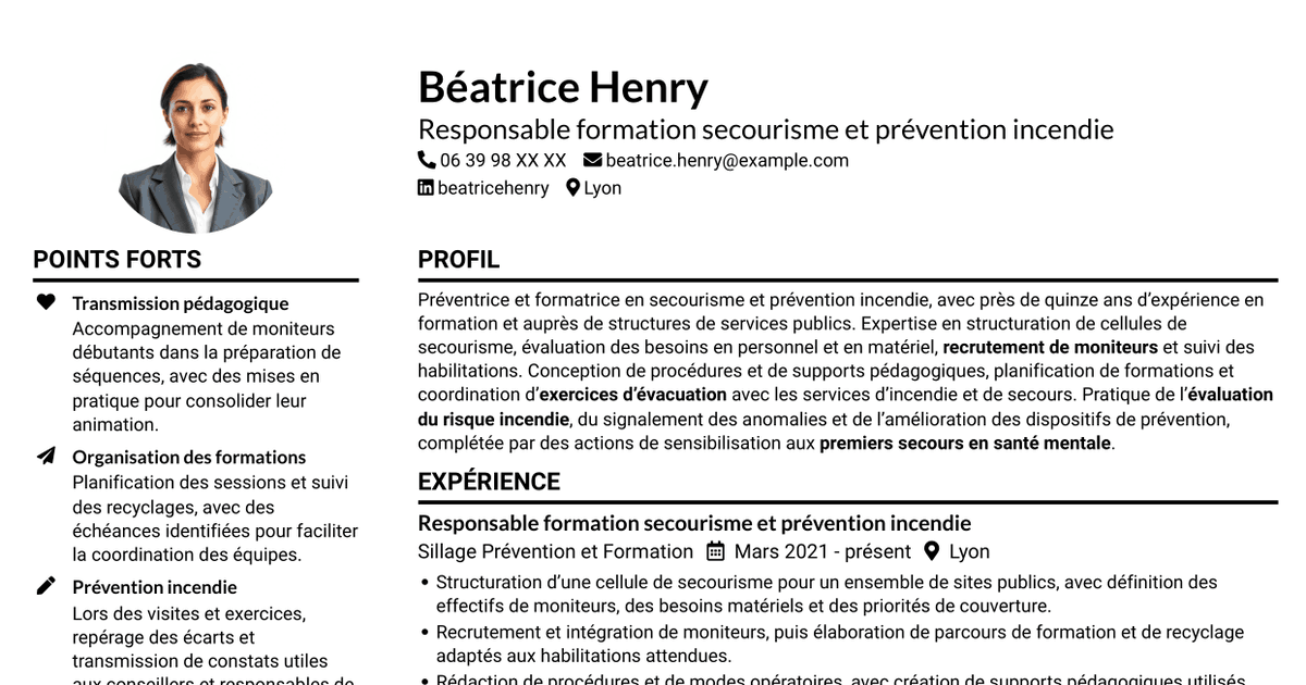 7 modèles de CV pour Responsable de la cellule secourisme et des exercices incendie, avec exemples
