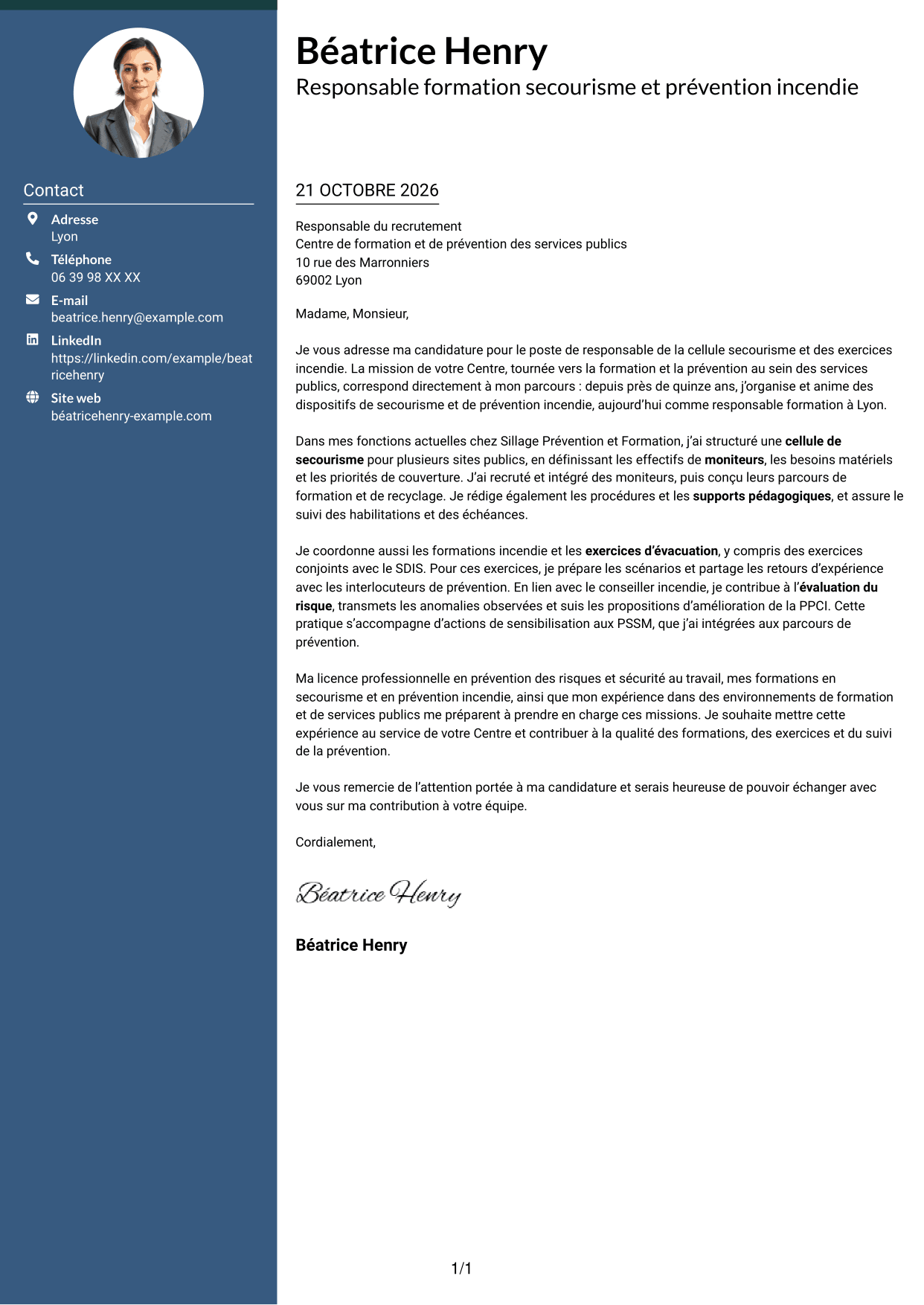 Lettre de motivation Élégant (format à colonne latérale colorée avec photo) : Responsable de la cellule secourisme et des exercices incendie, page 1