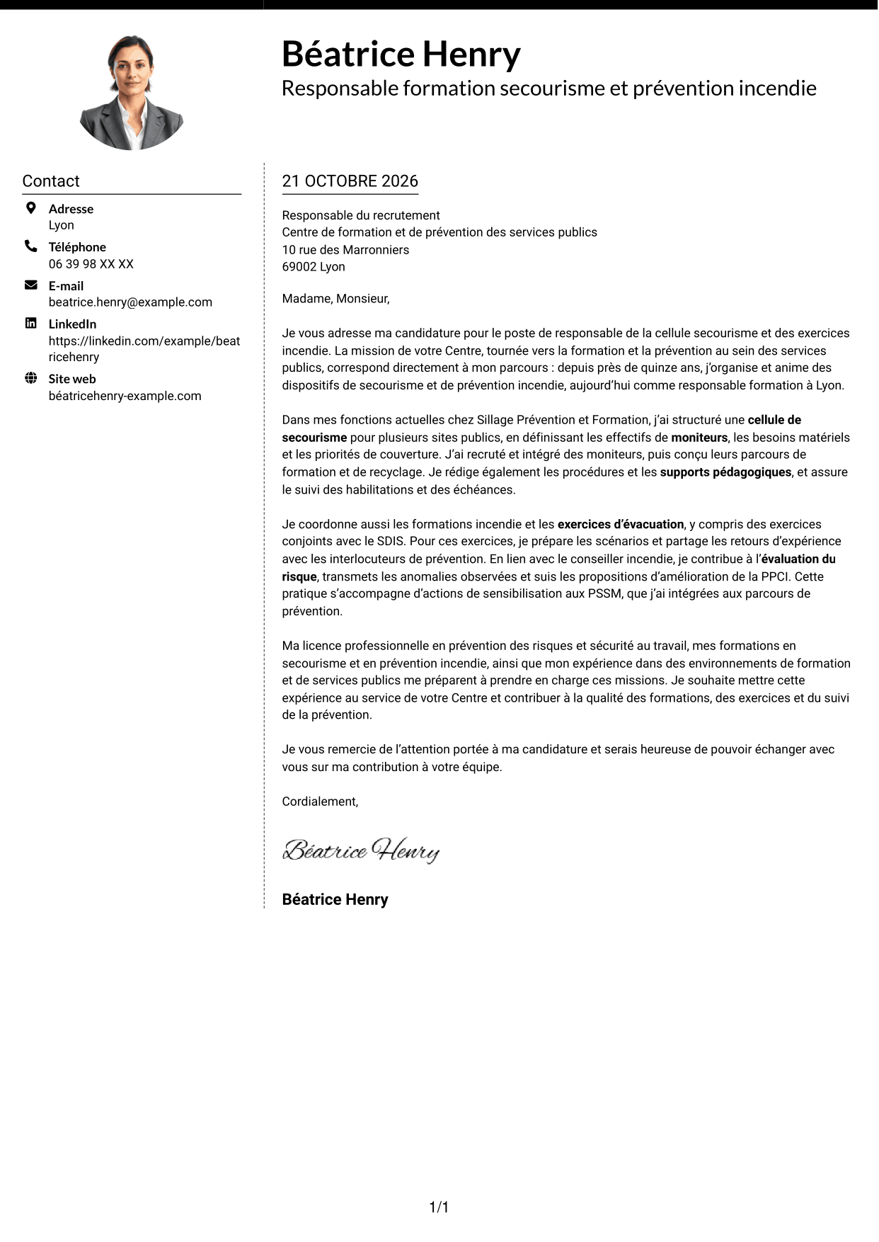 Lettre de motivation Moderne (format à deux colonnes avec photo à gauche et séparateur) : Responsable de la cellule secourisme et des exercices incendie, page 1