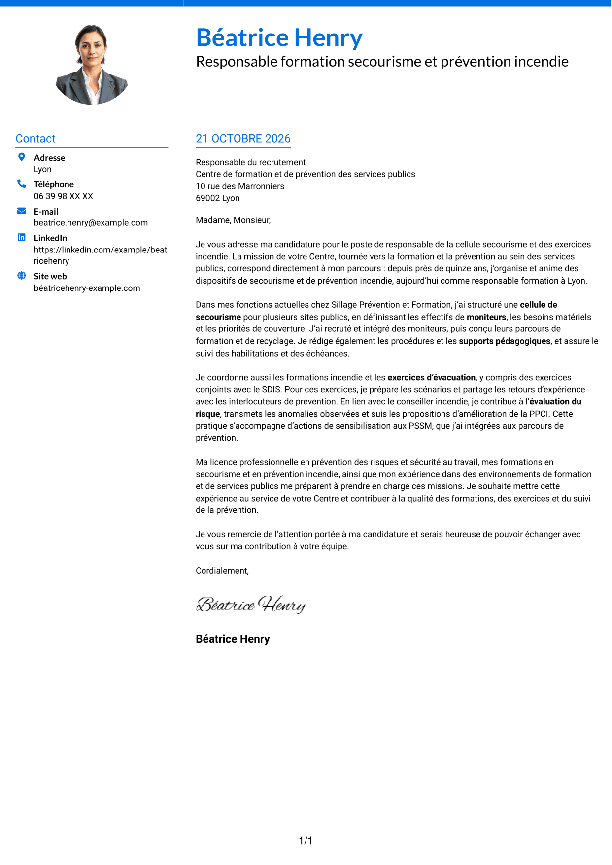 Lettre de motivation Audacieux (format à deux colonnes avec accents colorés et photo) : Responsable de la cellule secourisme et des exercices incendie, page 1