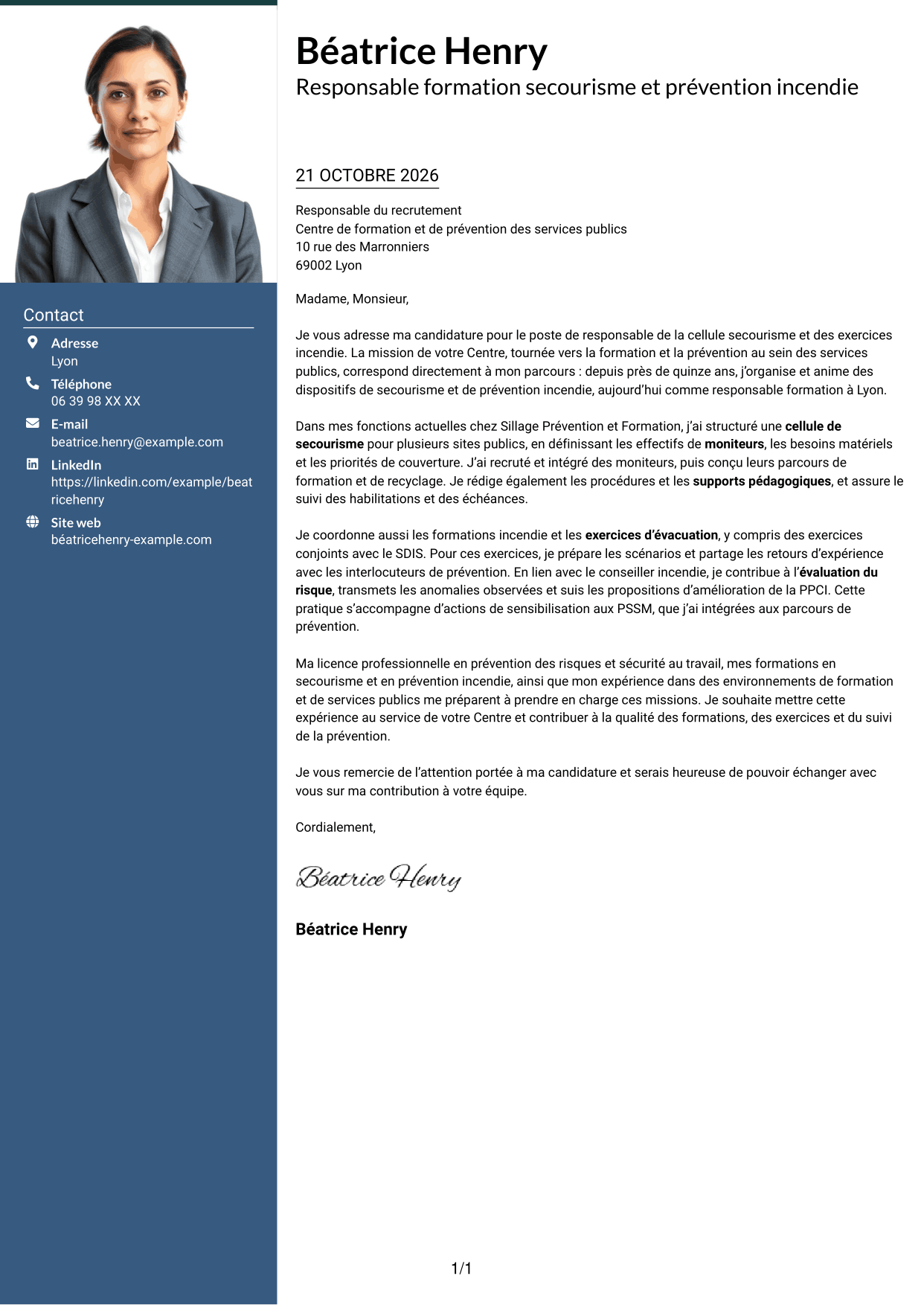 Lettre de motivation Signature (format à colonne latérale colorée avec grande photo) : Responsable de la cellule secourisme et des exercices incendie, page 1