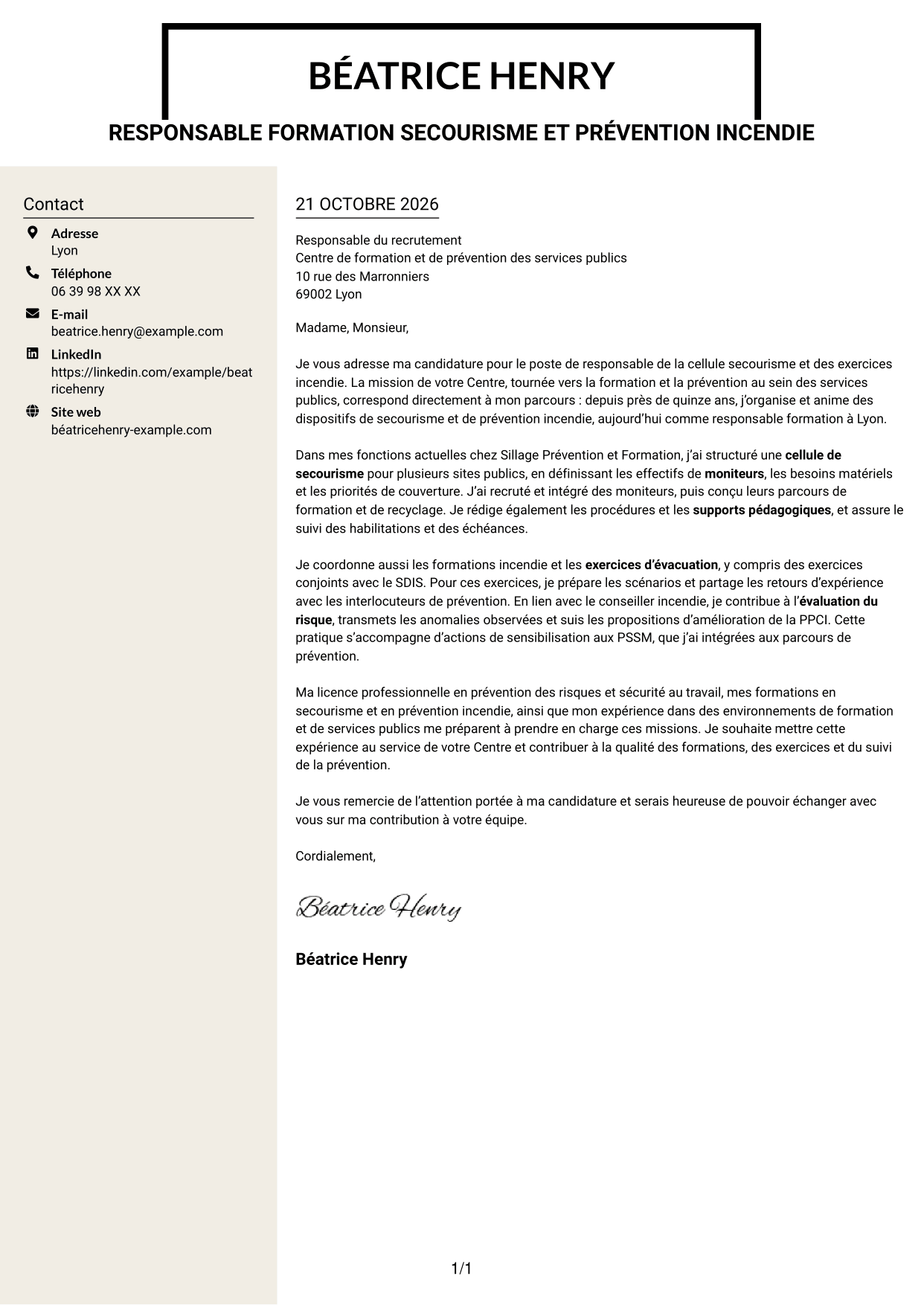 Lettre de motivation Fonceur (format à deux colonnes avec en-tête centré sans photo) : Responsable de la cellule secourisme et des exercices incendie, page 1