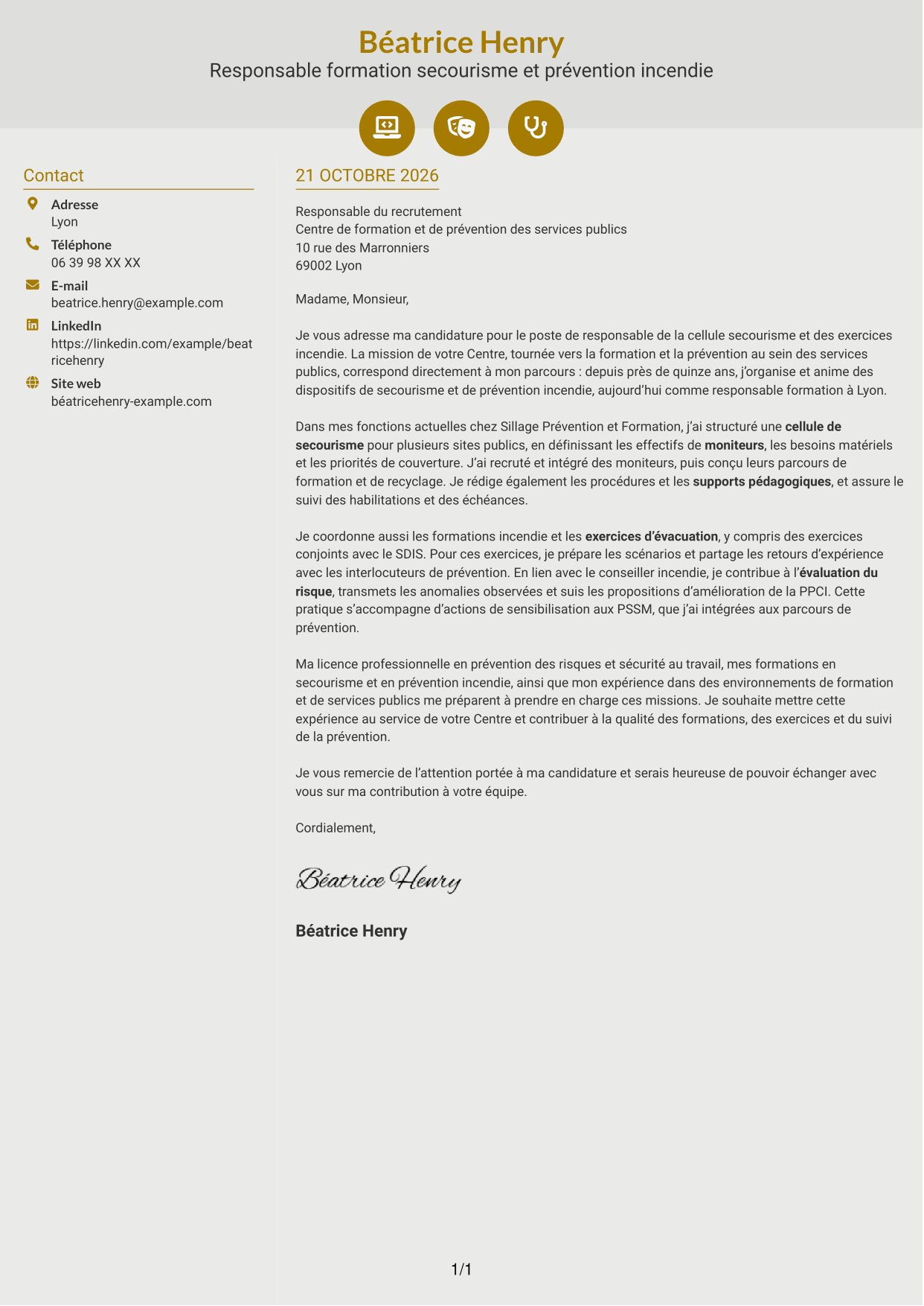 Lettre de motivation Dynamique (format à deux colonnes avec icônes) : Responsable de la cellule secourisme et des exercices incendie, page 1