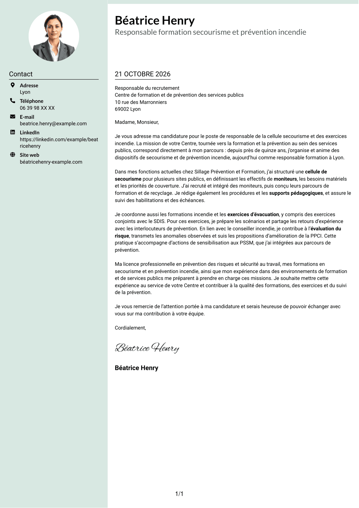 Lettre de motivation Cadre (format à colonne latérale douce avec photo arrondie) : Responsable de la cellule secourisme et des exercices incendie, page 1