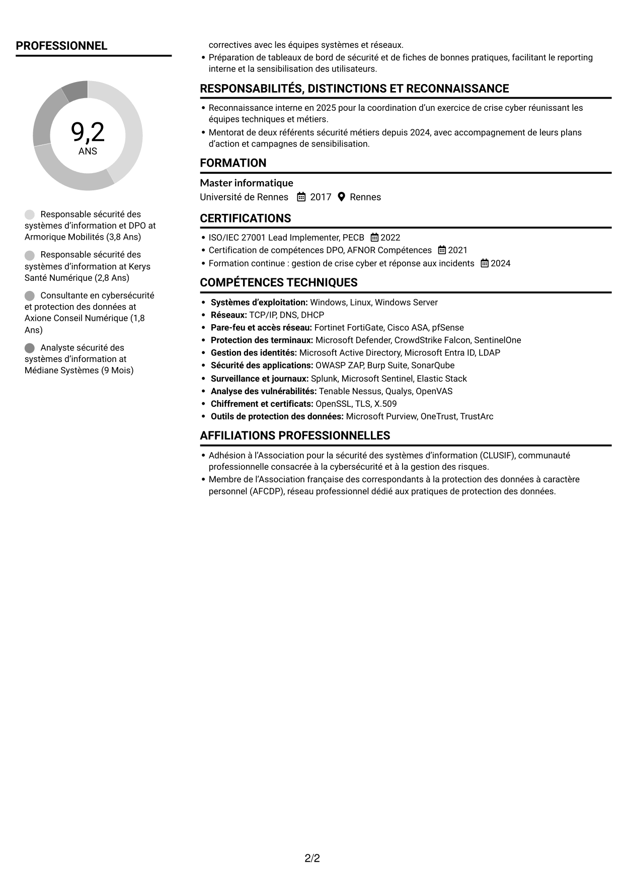CV Compact (format sobre à deux colonnes avec photo) : Responsable de la sécurité des systèmes d’information - Cybersécurité et protection des données, page 2