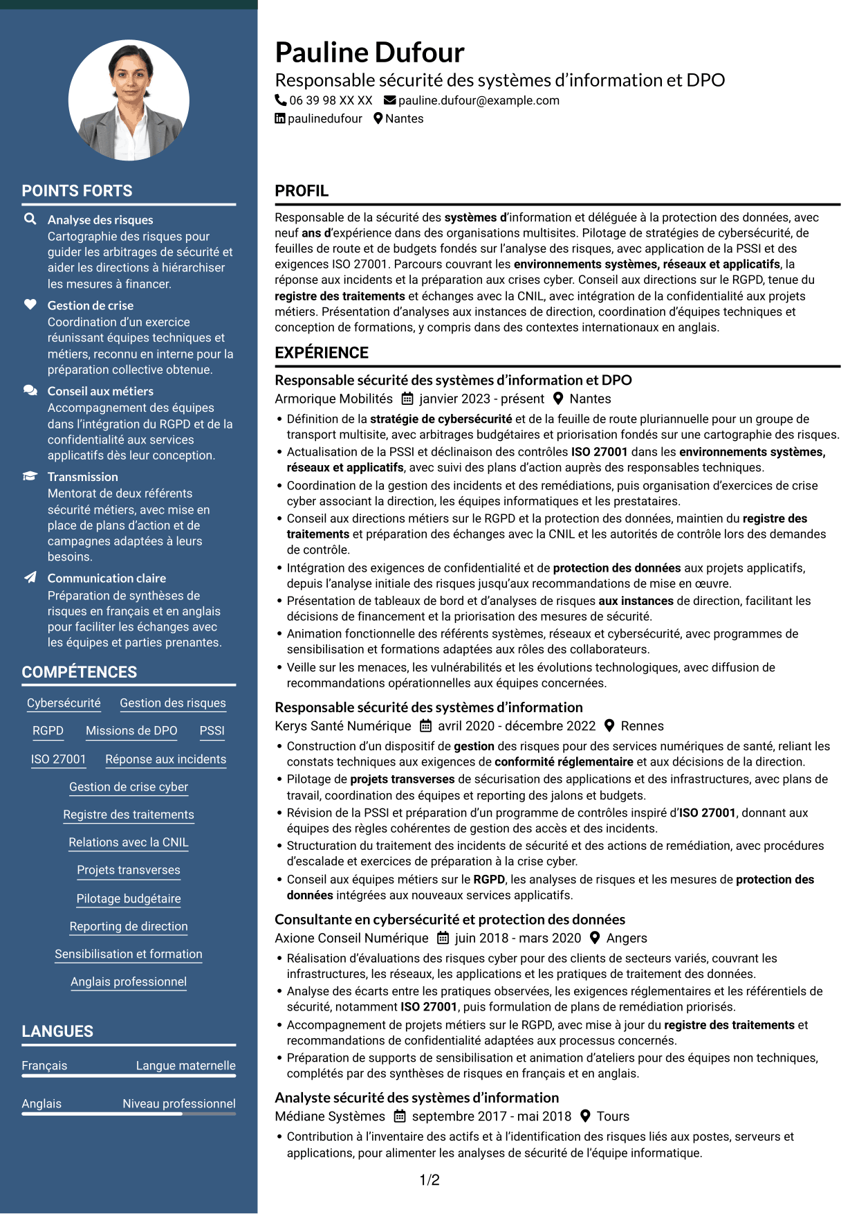 CV Élégant (format à colonne latérale colorée avec photo) : Responsable de la sécurité des systèmes d’information - Cybersécurité et protection des données, page 1