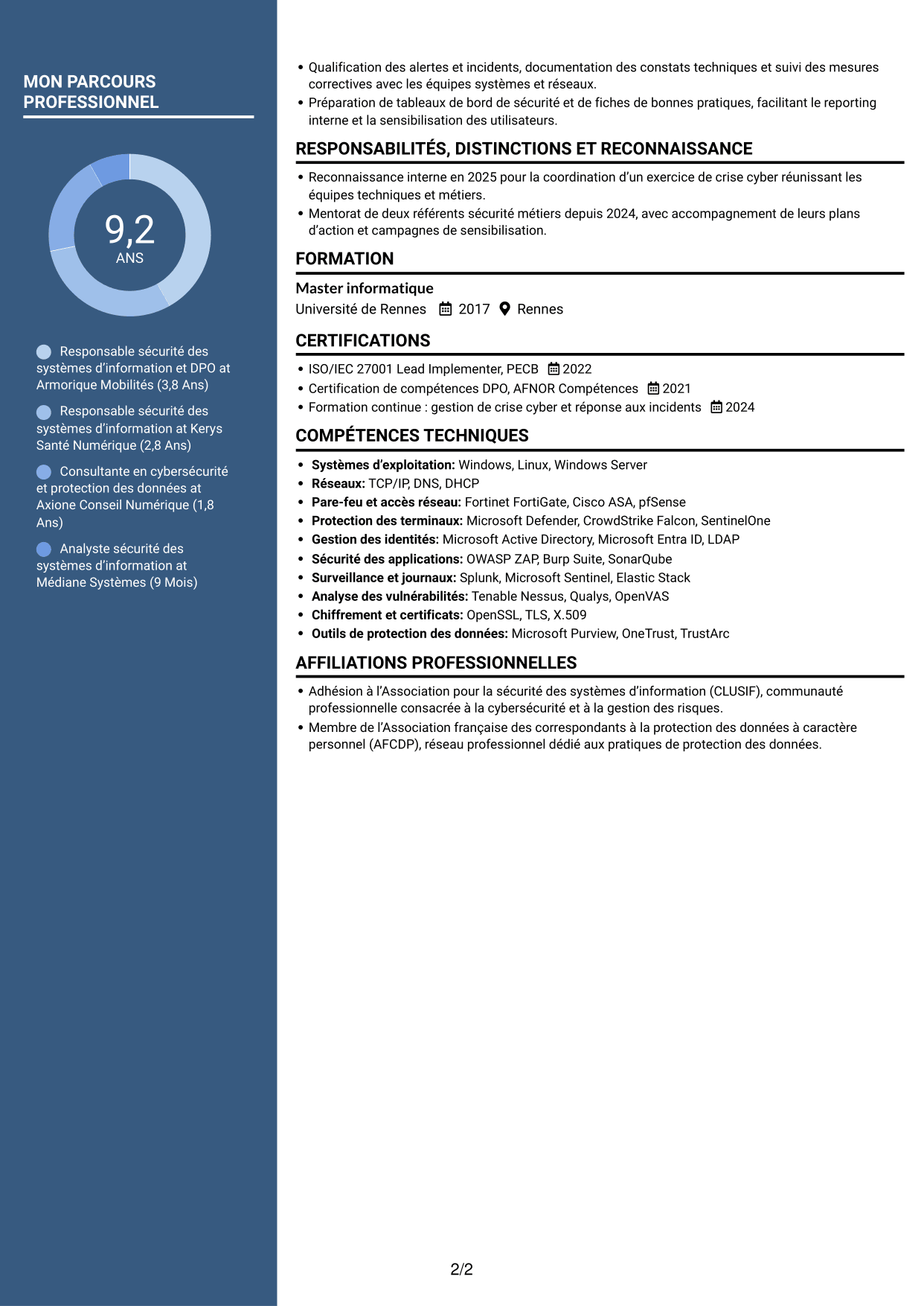 CV Élégant (format à colonne latérale colorée avec photo) : Responsable de la sécurité des systèmes d’information - Cybersécurité et protection des données, page 2